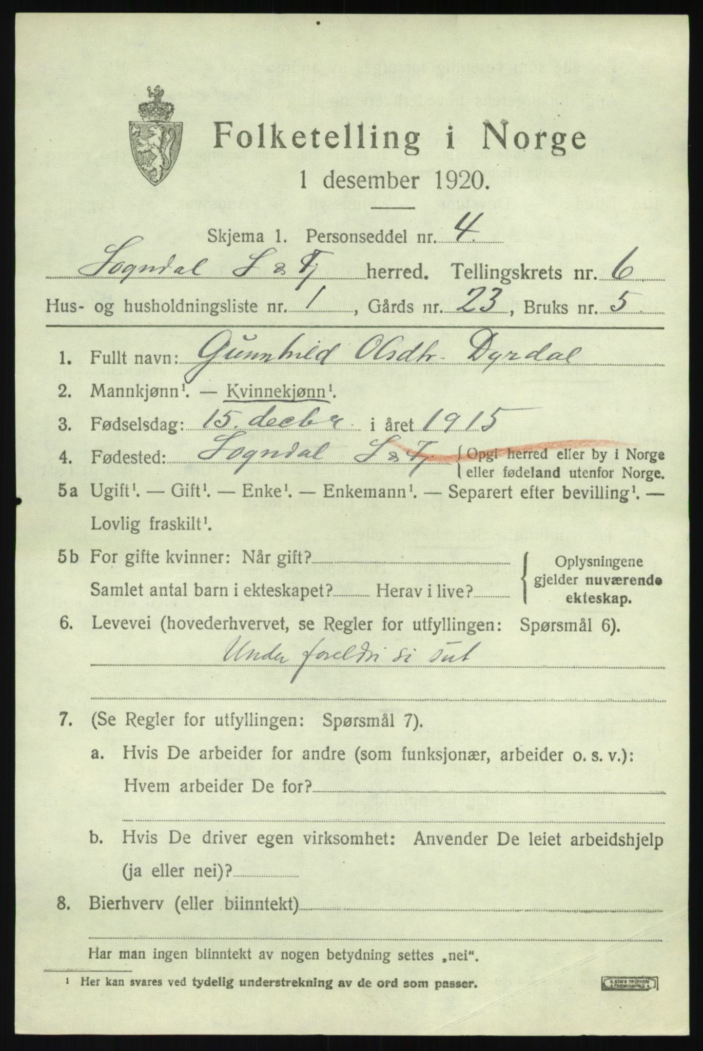 SAB, 1920 census for Sogndal, 1920, p. 2945