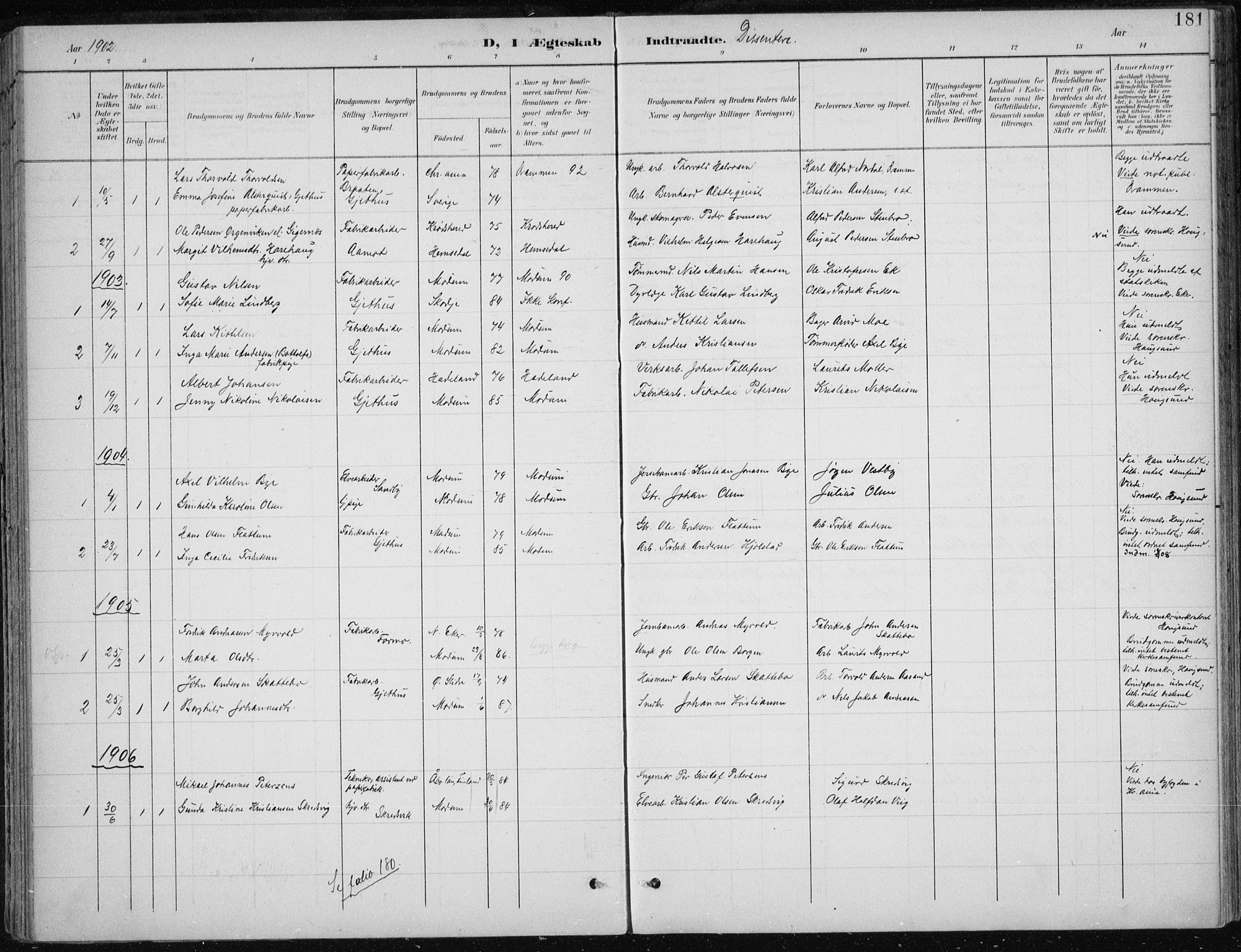 Modum kirkebøker, AV/SAKO-A-234/F/Fa/L0013: Parish register (official) no. 13, 1899-1907, p. 181