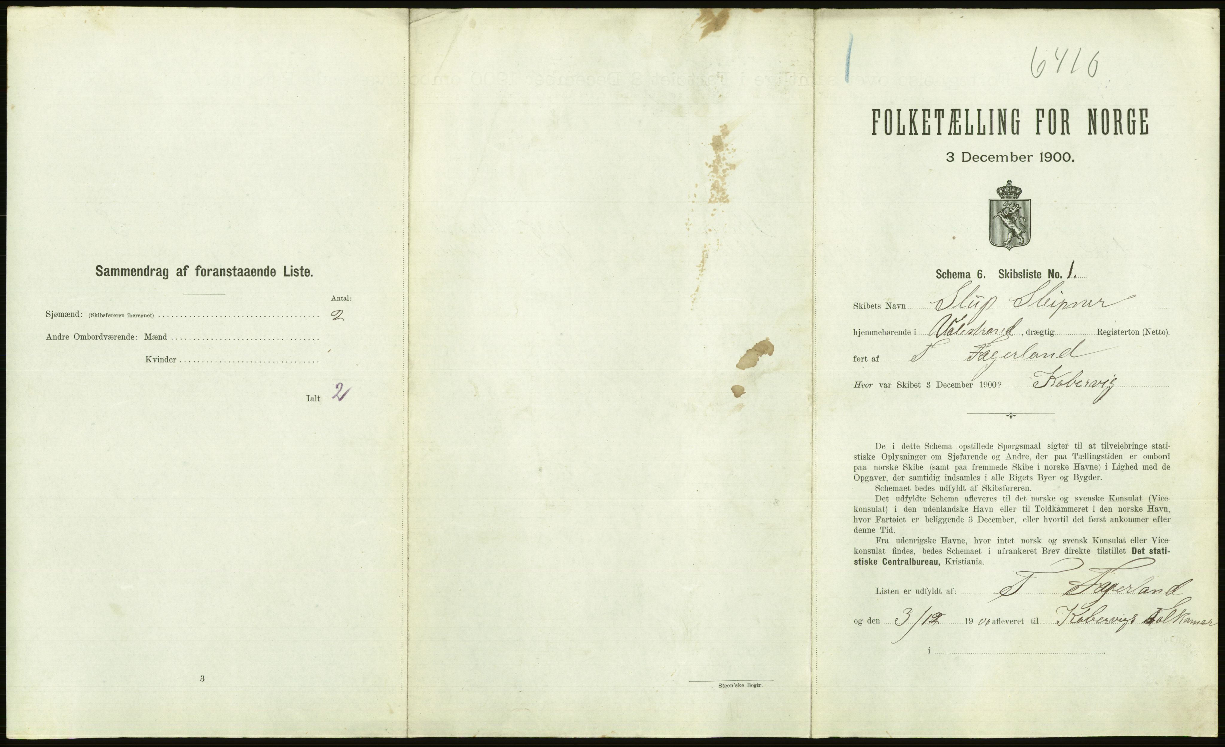 RA, 1900 Census - ship lists from ships in Norwegian harbours, harbours abroad and at sea, 1900, p. 1061