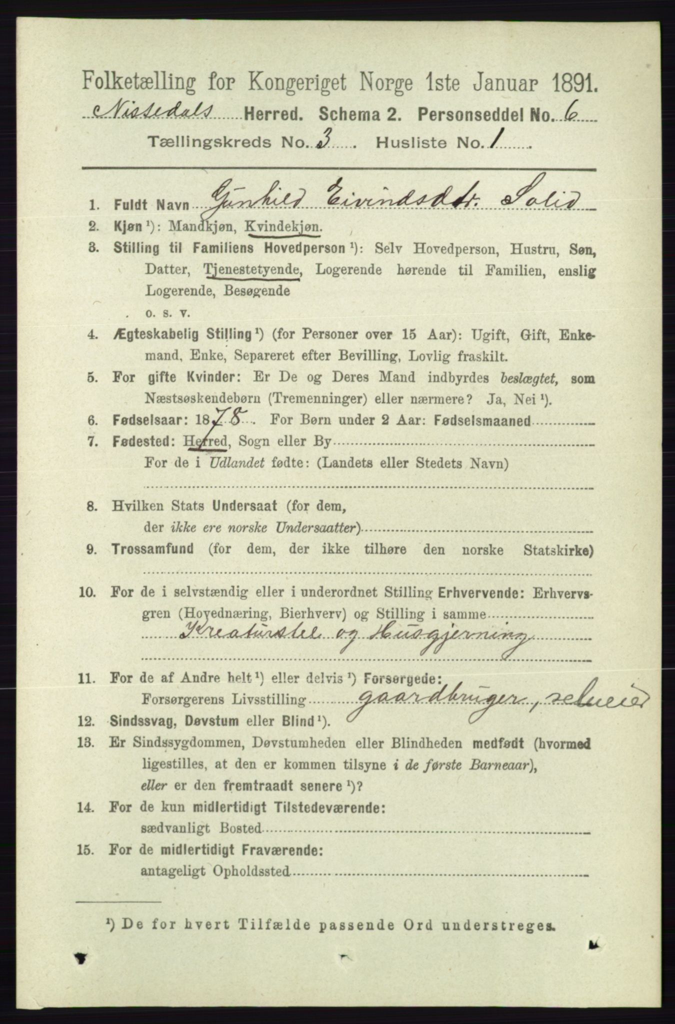 RA, 1891 census for 0830 Nissedal, 1891, p. 638