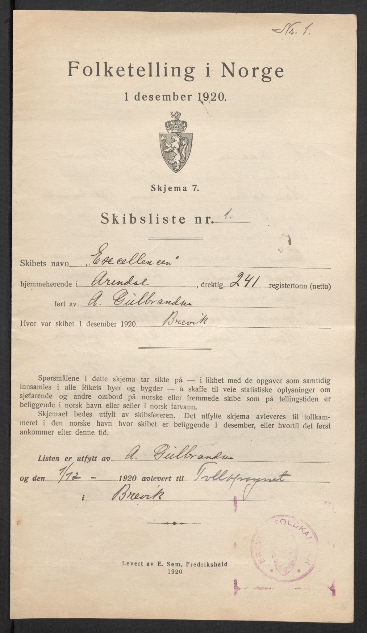 SAKO, 1920 census for Brevik, 1920, p. 7167