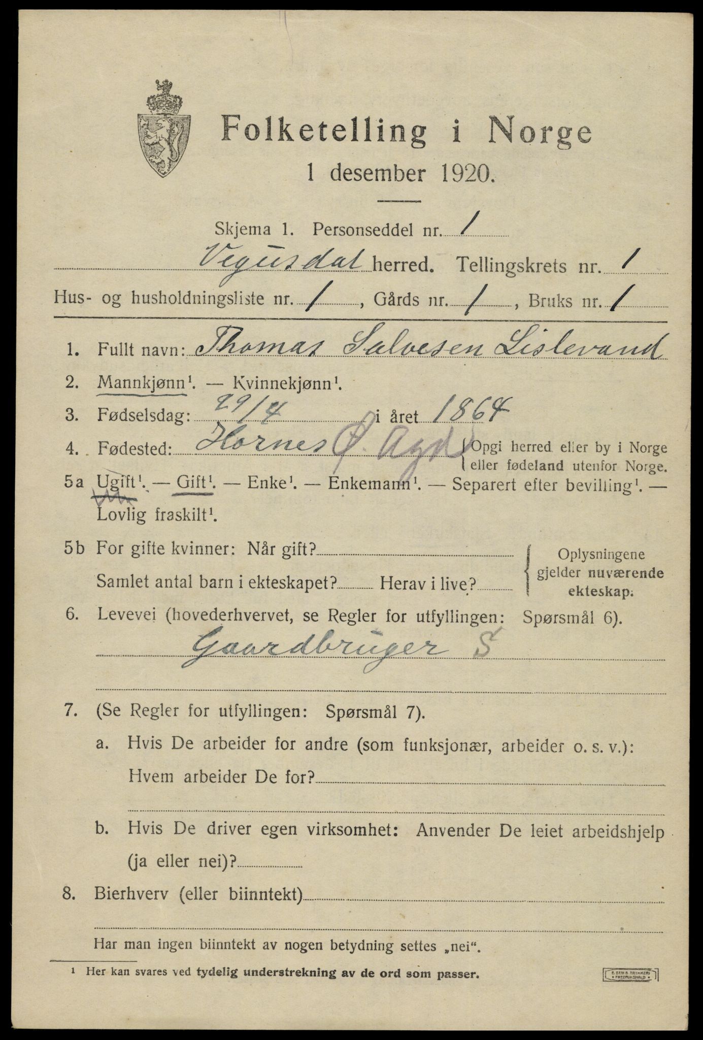 SAK, 1920 census for Vegusdal, 1920, p. 367