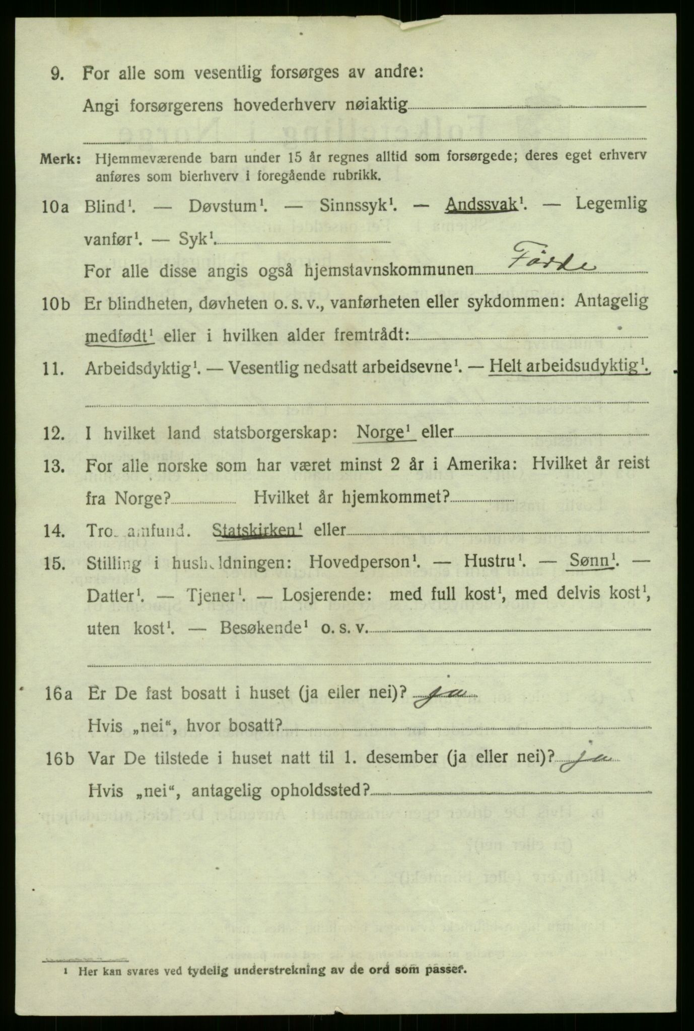 SAB, 1920 census for Førde, 1920, p. 2407