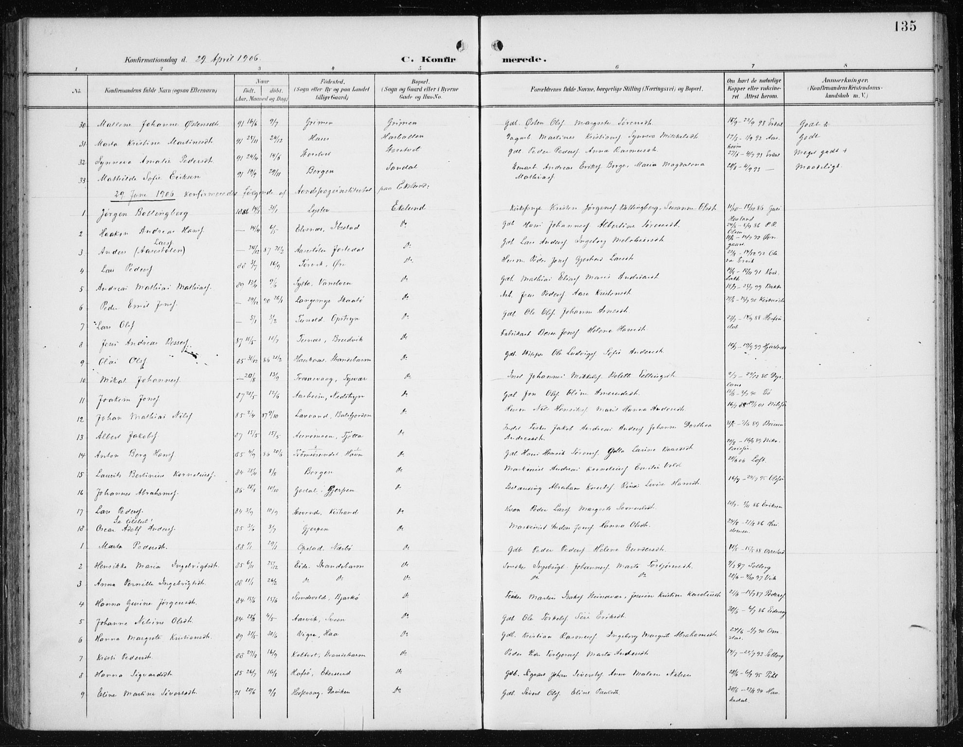 Fana Sokneprestembete, SAB/A-75101/H/Haa/Haai/L0003: Parish register (official) no. I 3, 1900-1912, p. 135