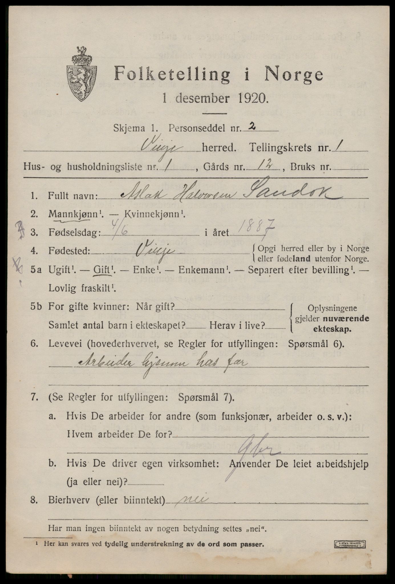 SAKO, 1920 census for Vinje, 1920, p. 707