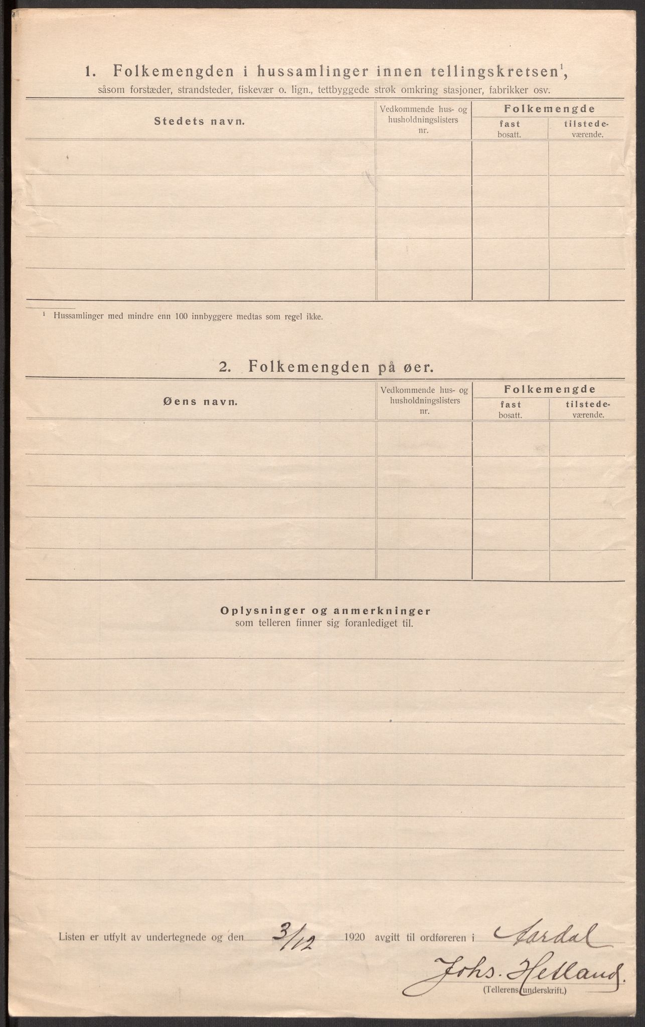 SAST, 1920 census for Årdal, 1920, p. 12