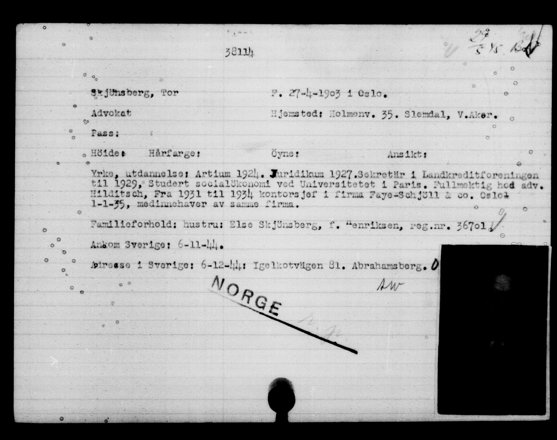 Utenriksstasjonene, Legasjonen i Stockholm, Flyktningkontoret, AV/RA-S-6753/V/Va/L0015: Kjesäterkartoteket, flyktninger med registreringsnr. 37800-40770, 1940-1945, p. 318