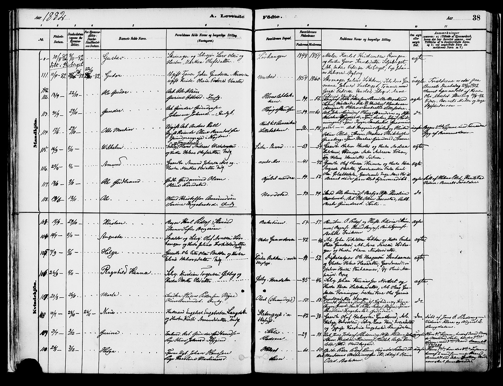 Elverum prestekontor, AV/SAH-PREST-044/H/Ha/Haa/L0013: Parish register (official) no. 13, 1880-1890, p. 38