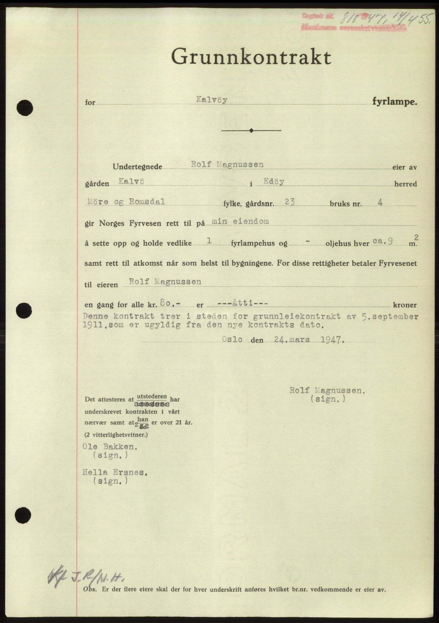 Nordmøre sorenskriveri, AV/SAT-A-4132/1/2/2Ca: Mortgage book no. B96, 1947-1947, Diary no: : 818/1947