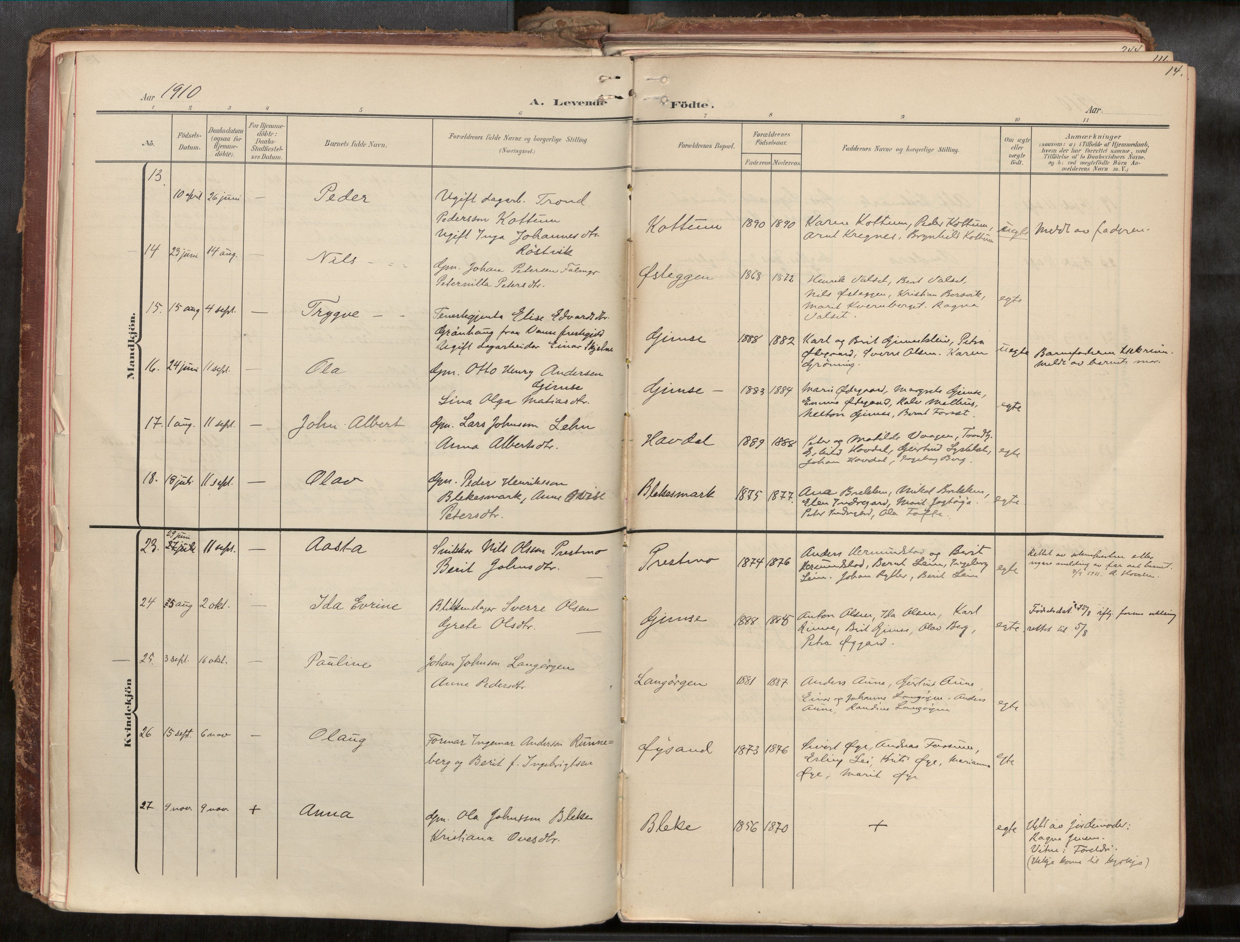 Ministerialprotokoller, klokkerbøker og fødselsregistre - Sør-Trøndelag, SAT/A-1456/691/L1085b: Parish register (official) no. 691A18, 1908-1930, p. 14