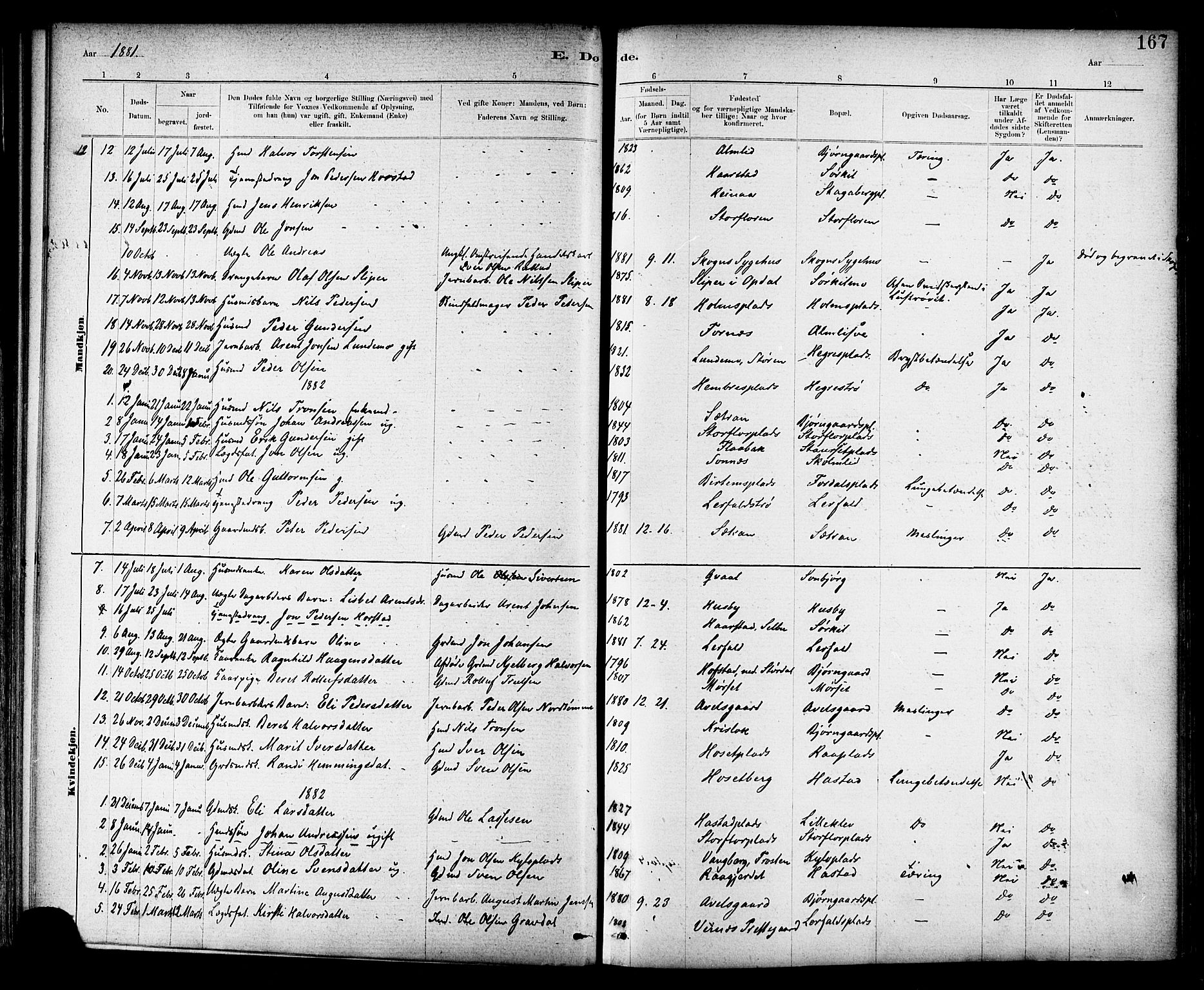 Ministerialprotokoller, klokkerbøker og fødselsregistre - Nord-Trøndelag, SAT/A-1458/703/L0030: Parish register (official) no. 703A03, 1880-1892, p. 167