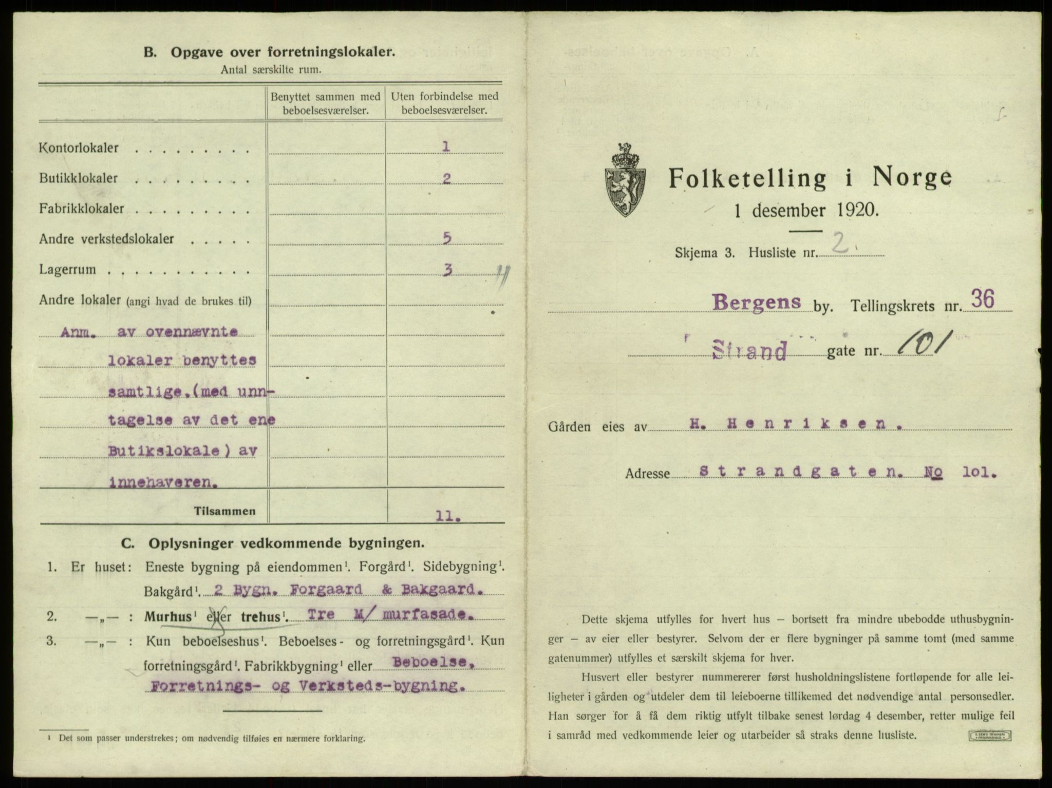 SAB, 1920 census for Bergen, 1920, p. 3309