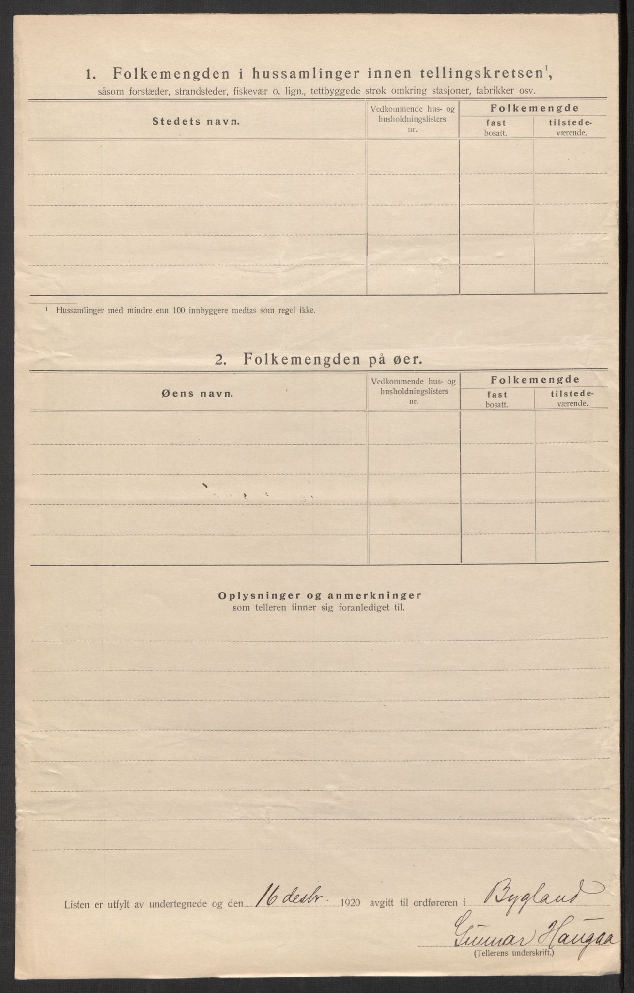 SAK, 1920 census for Bygland, 1920, p. 44