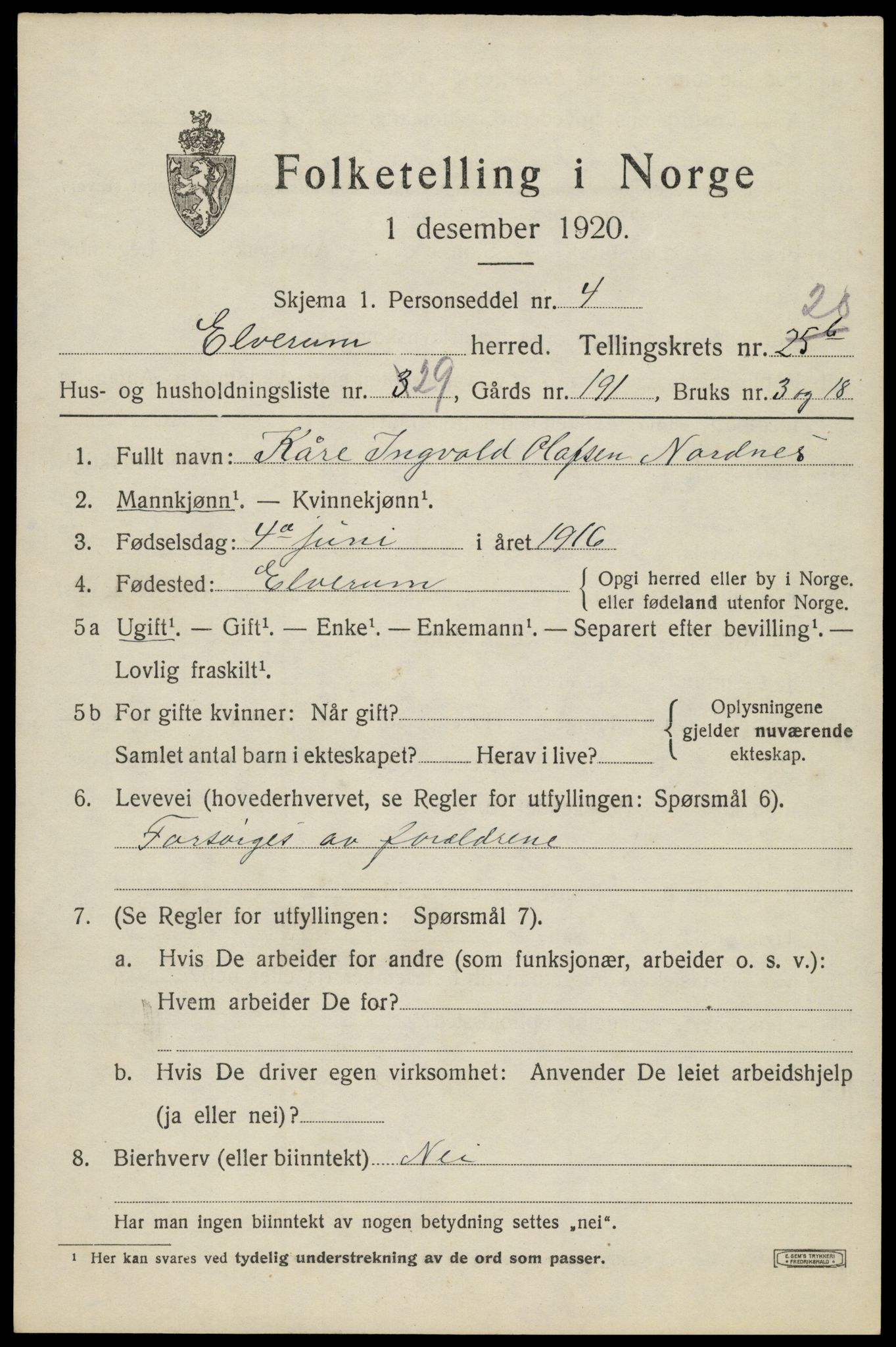 SAH, 1920 census for Elverum, 1920, p. 23610