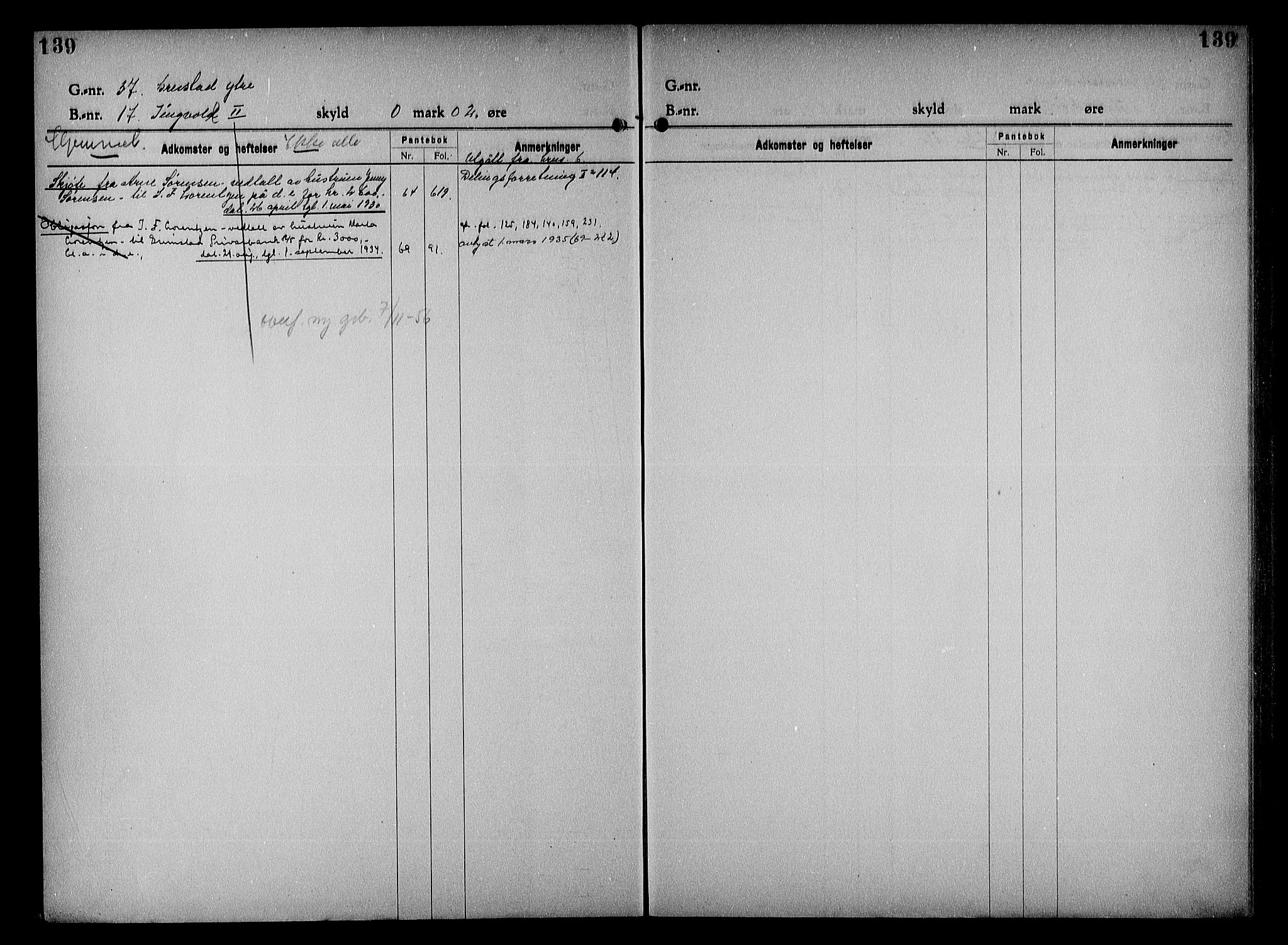 Vestre Nedenes/Sand sorenskriveri, SAK/1221-0010/G/Ga/L0023: Mortgage register no. 16, 1923-1957, p. 139