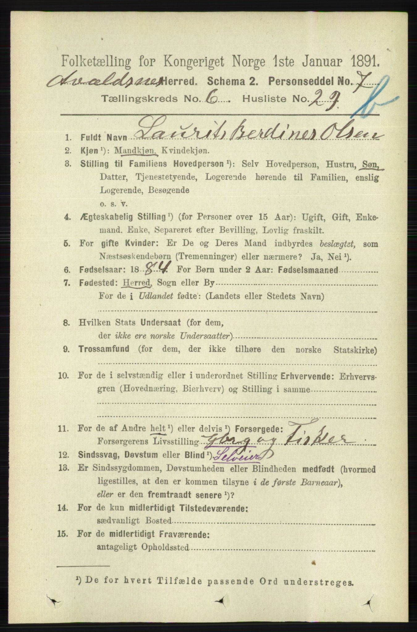 RA, 1891 census for 1147 Avaldsnes, 1891, p. 3406