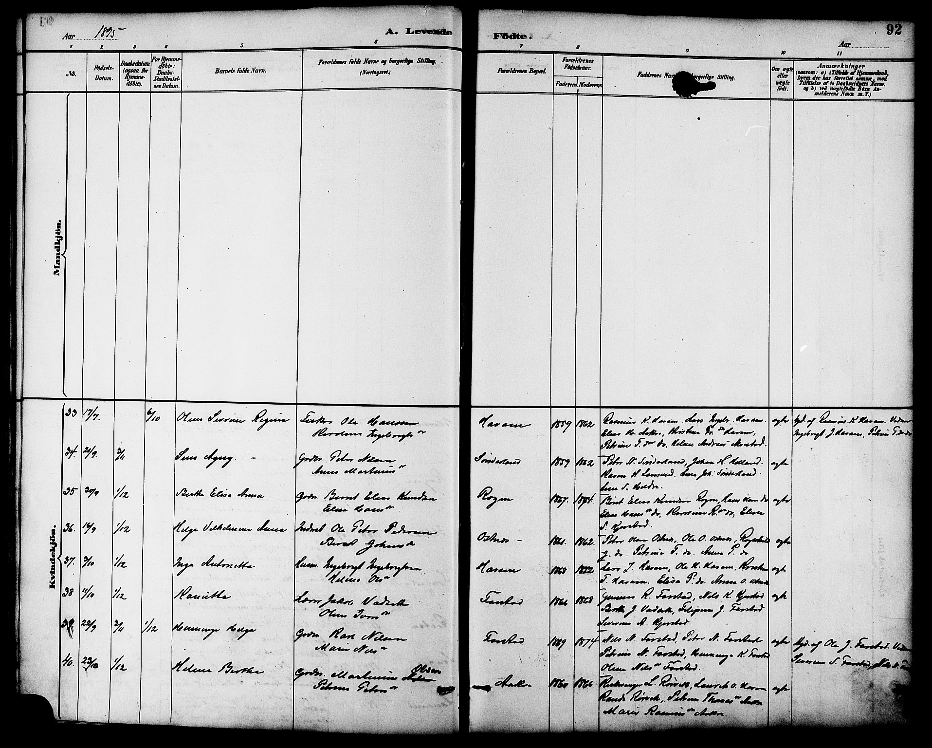 Ministerialprotokoller, klokkerbøker og fødselsregistre - Møre og Romsdal, AV/SAT-A-1454/536/L0501: Parish register (official) no. 536A10, 1884-1896, p. 92