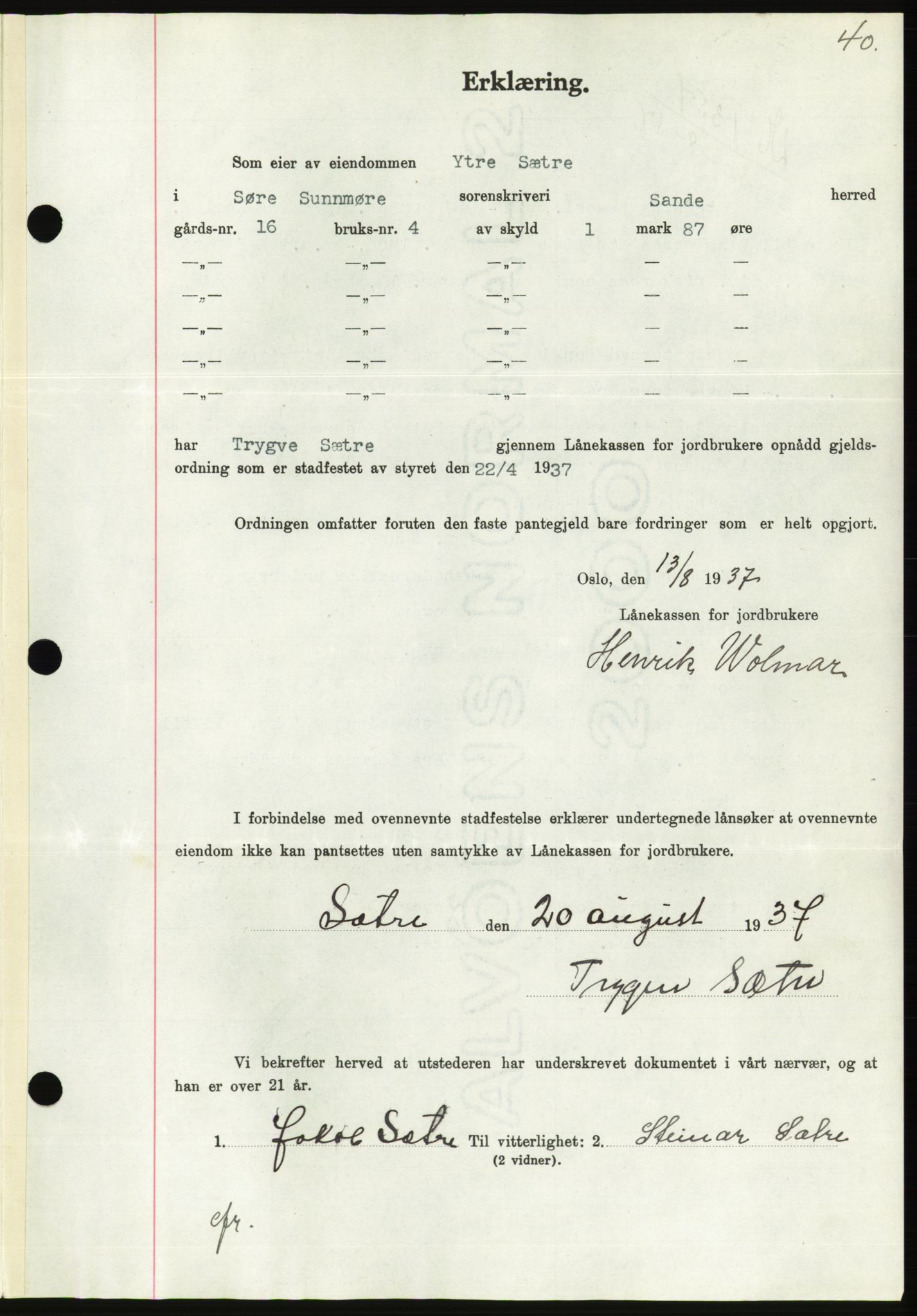 Søre Sunnmøre sorenskriveri, AV/SAT-A-4122/1/2/2C/L0064: Mortgage book no. 58, 1937-1938, Diary no: : 1356/1937