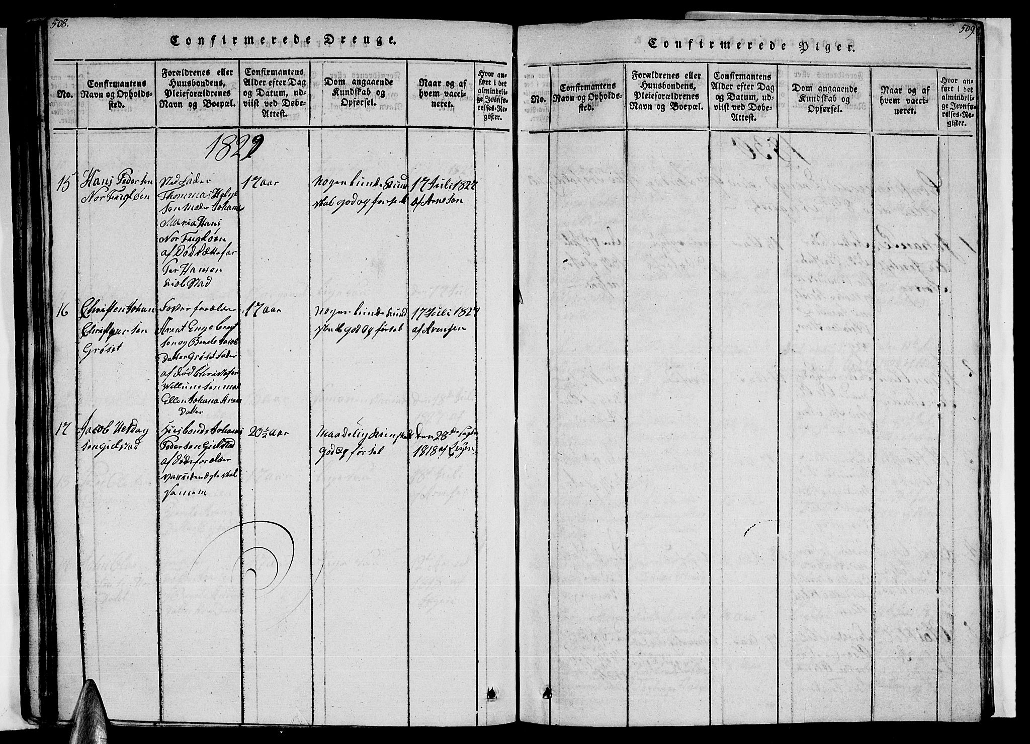 Ministerialprotokoller, klokkerbøker og fødselsregistre - Nordland, AV/SAT-A-1459/805/L0105: Parish register (copy) no. 805C01, 1820-1839, p. 508-509