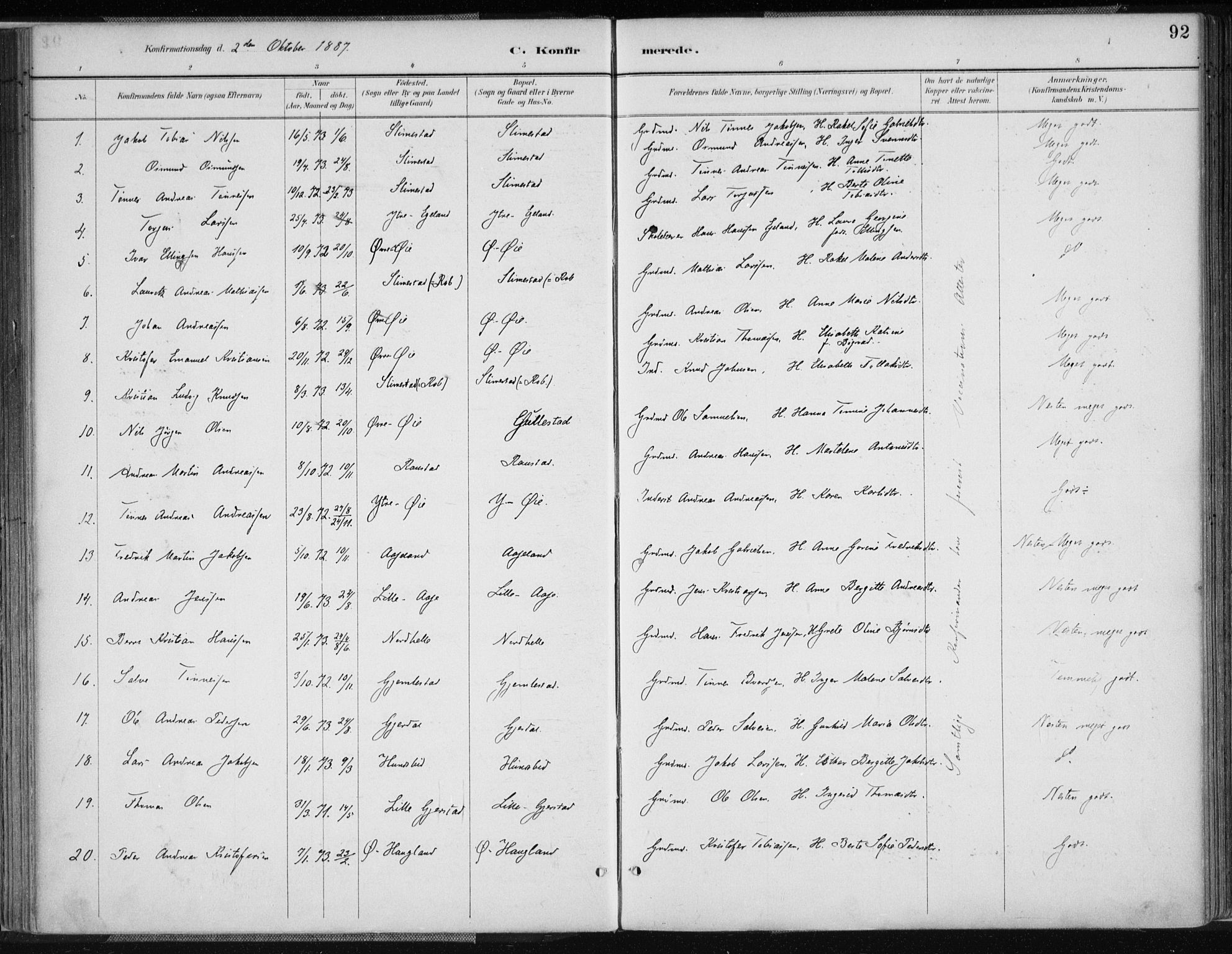 Kvinesdal sokneprestkontor, AV/SAK-1111-0026/F/Fa/Fab/L0008: Parish register (official) no. A 8, 1886-1897, p. 92