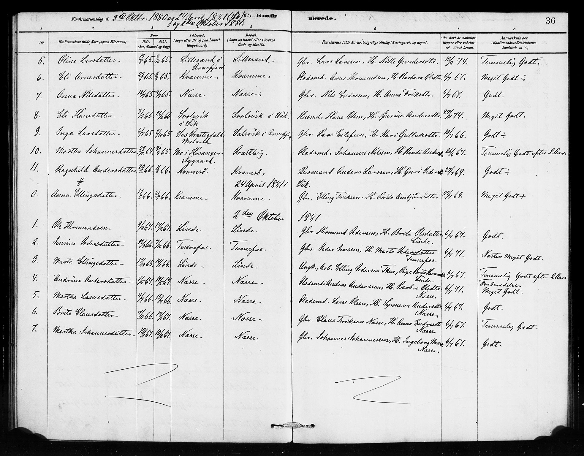 Vik sokneprestembete, AV/SAB-A-81501/H/Haa/Haad/L0001: Parish register (official) no. D 1, 1878-1890, p. 36