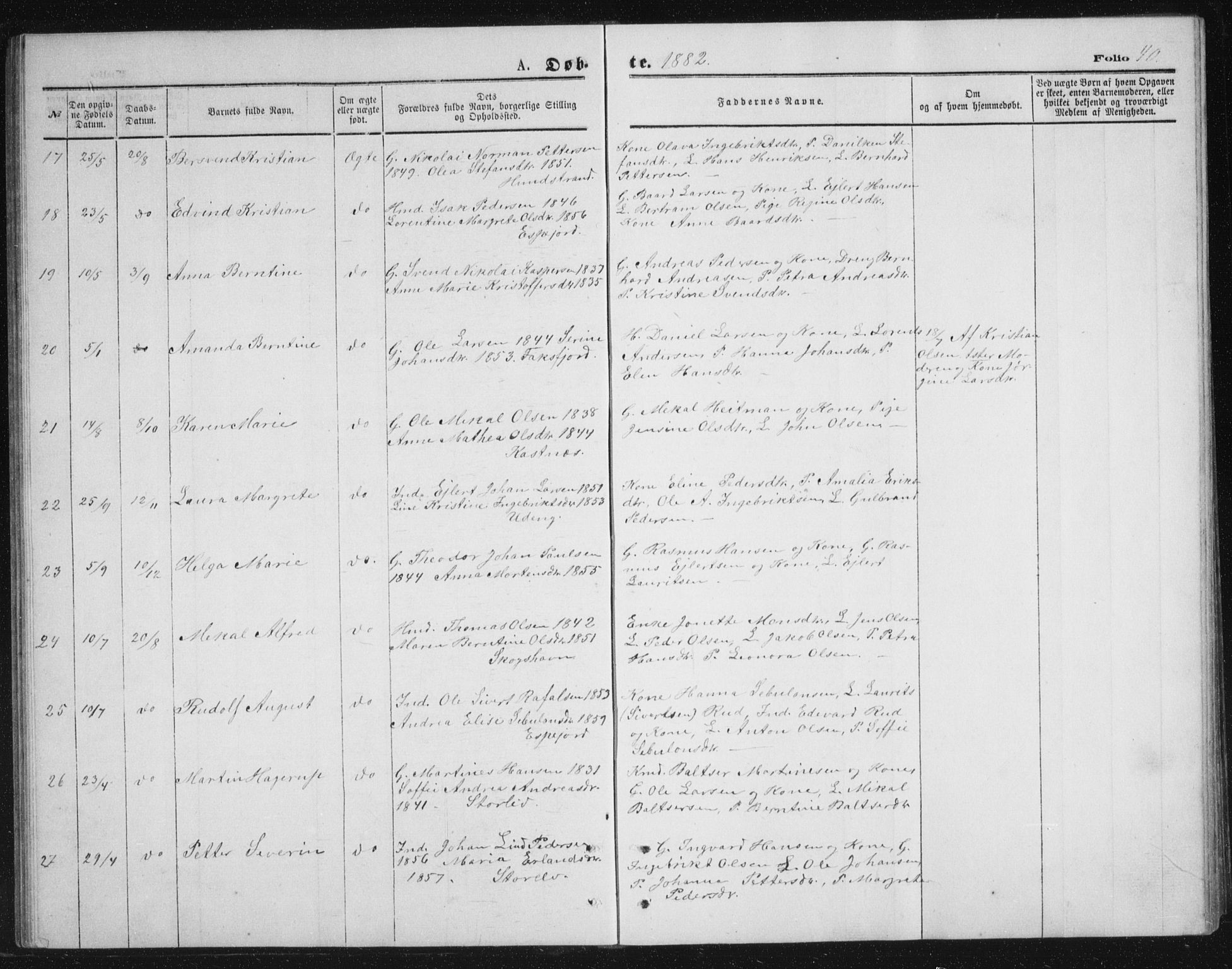 Tranøy sokneprestkontor, AV/SATØ-S-1313/I/Ia/Iab/L0013klokker: Parish register (copy) no. 13, 1874-1896, p. 40
