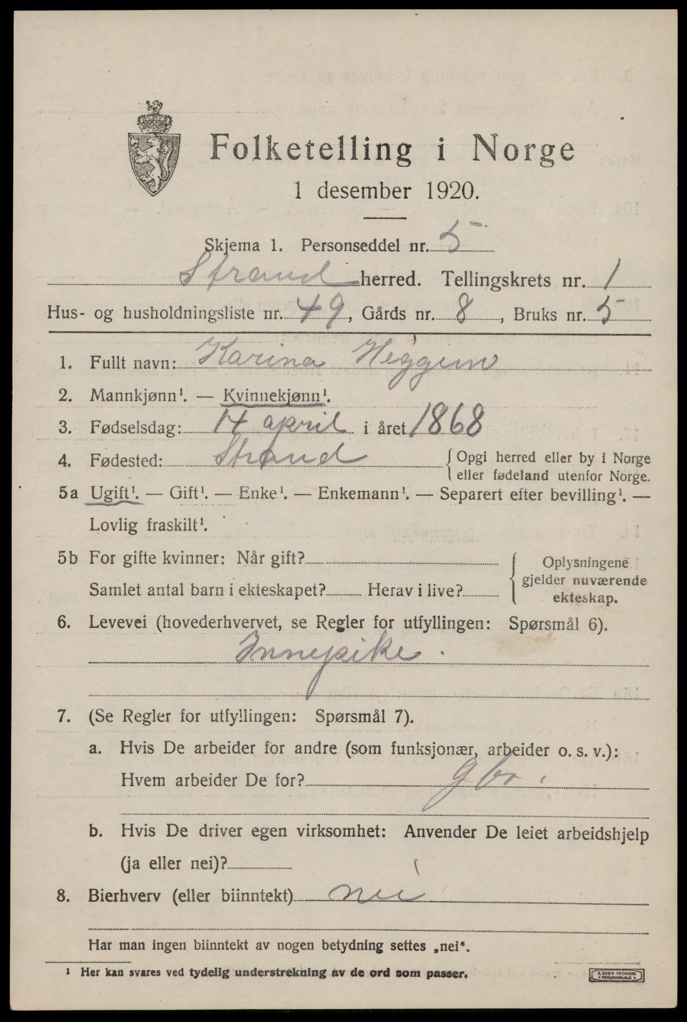 SAST, 1920 census for Strand, 1920, p. 1748