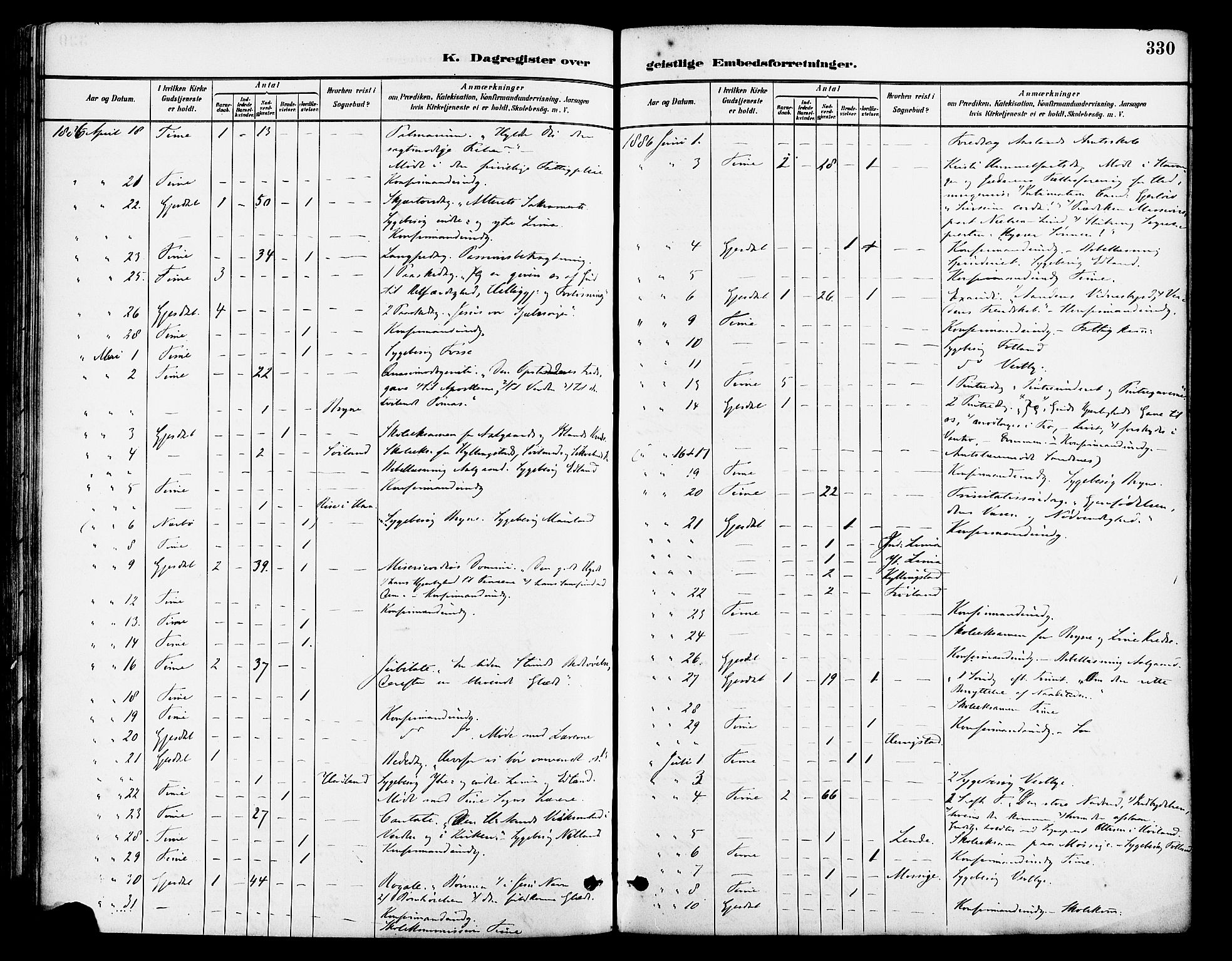 Lye sokneprestkontor, AV/SAST-A-101794/001/30BA/L0009: Parish register (official) no. A 8, 1881-1892, p. 330