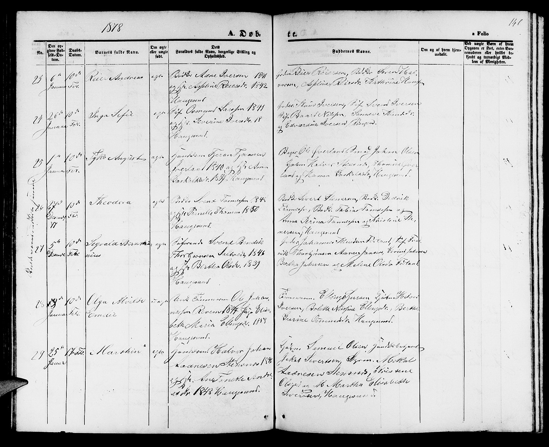 Haugesund sokneprestkontor, AV/SAST-A -101863/H/Ha/Hab/L0001: Parish register (copy) no. B 1, 1873-1881, p. 140