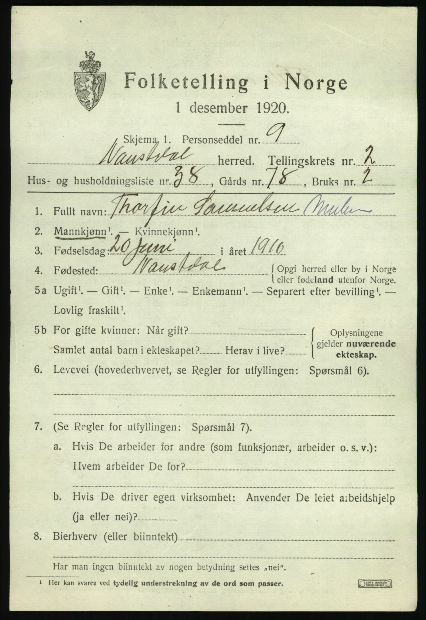 SAB, 1920 census for Naustdal, 1920, p. 1713