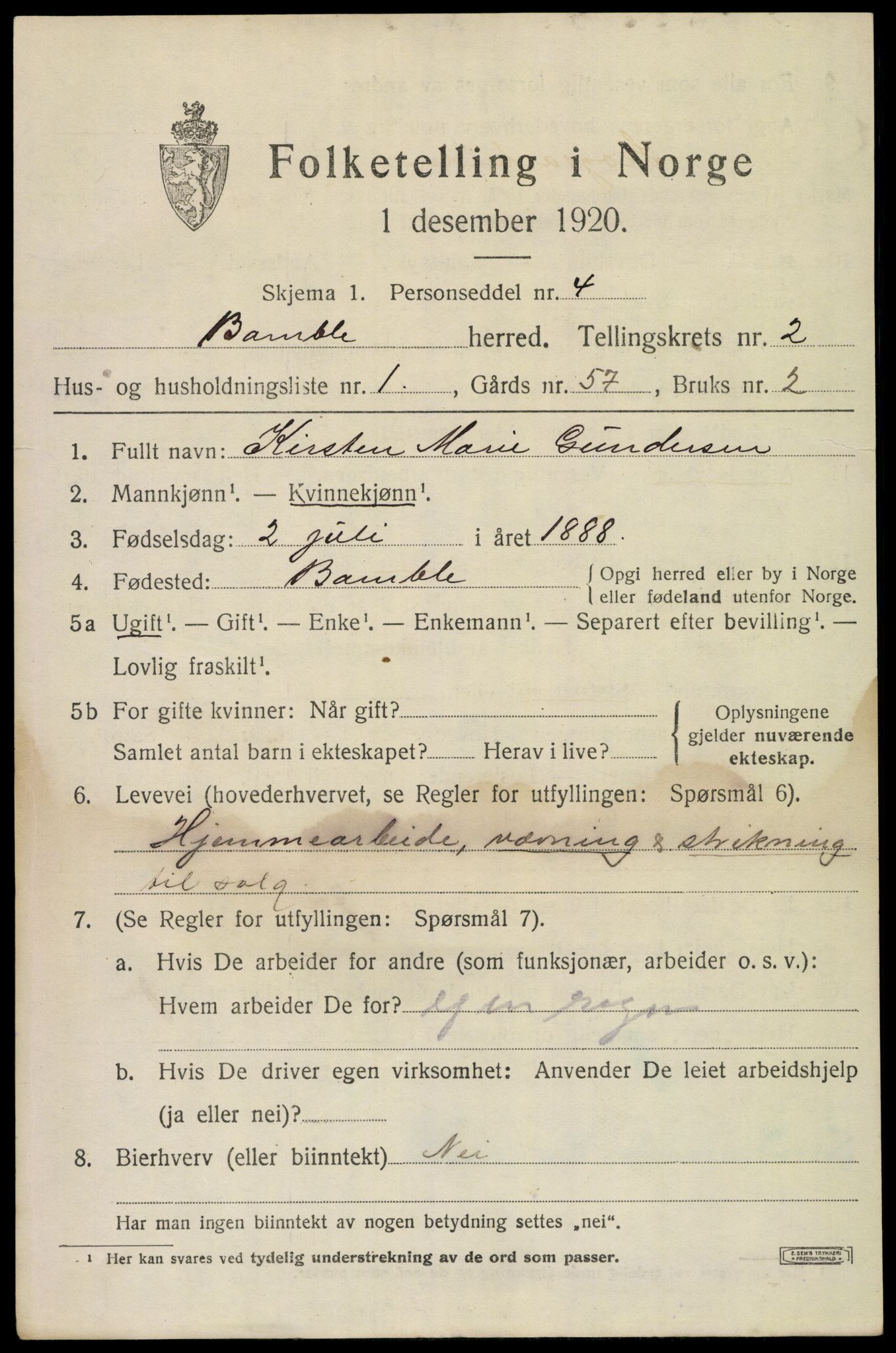 SAKO, 1920 census for Bamble, 1920, p. 2853