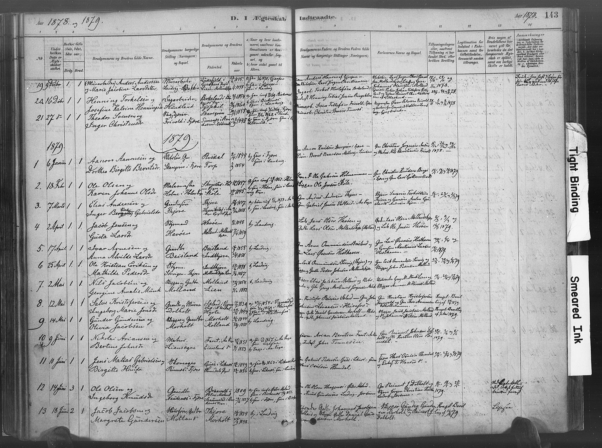 Hommedal sokneprestkontor, AV/SAK-1111-0023/F/Fa/Fab/L0006: Parish register (official) no. A 6, 1878-1897, p. 143