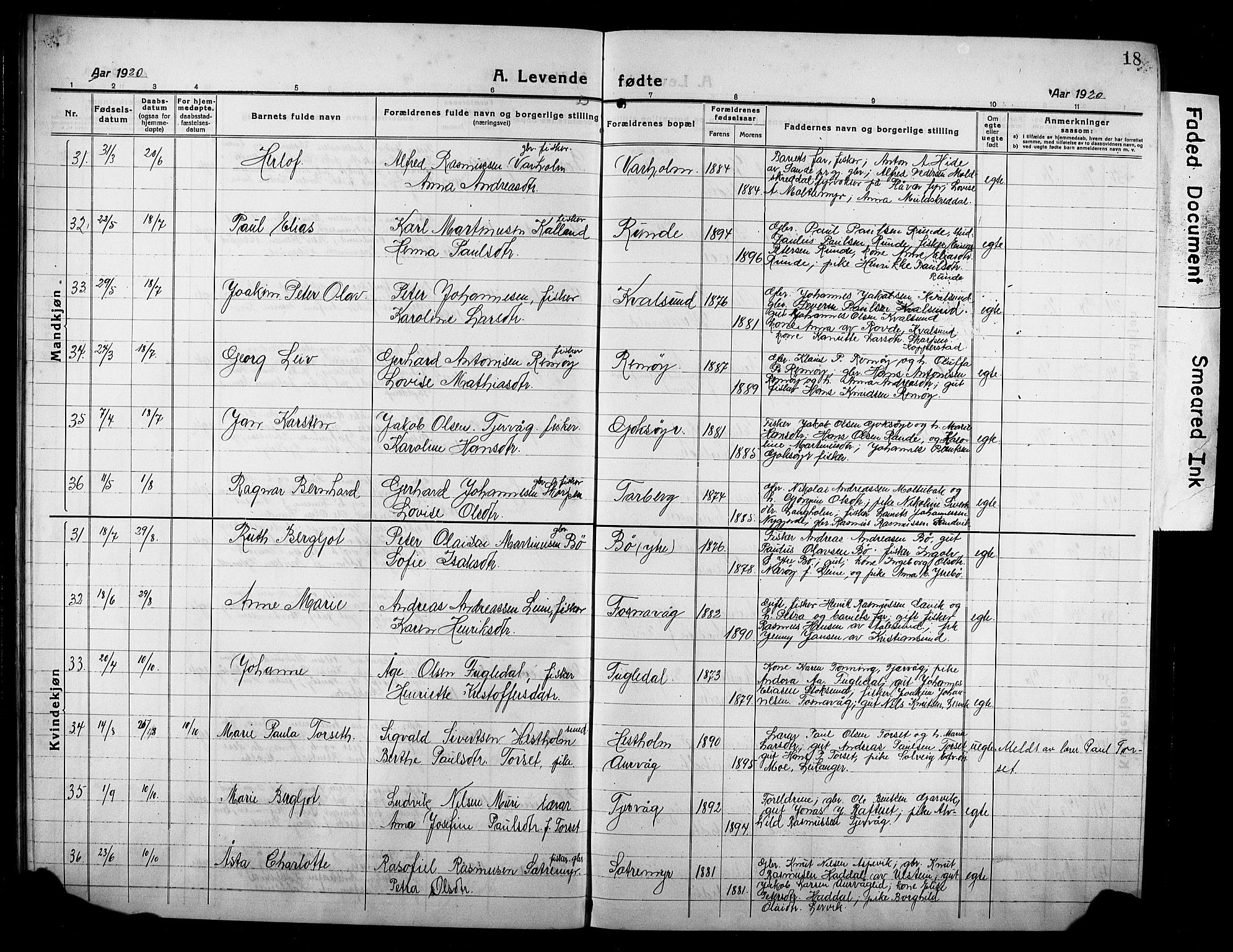 Ministerialprotokoller, klokkerbøker og fødselsregistre - Møre og Romsdal, AV/SAT-A-1454/507/L0084: Parish register (copy) no. 507C07, 1919-1932, p. 18