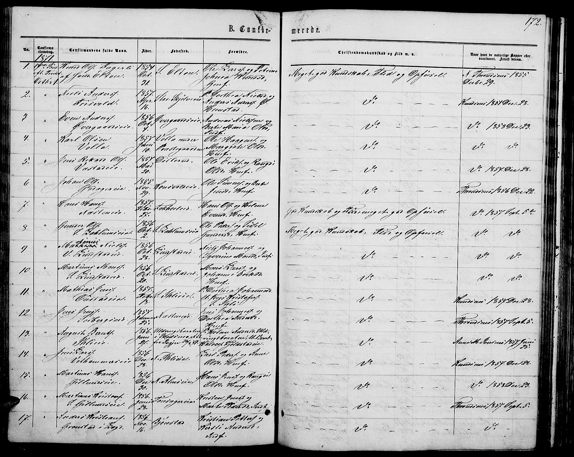 Stange prestekontor, SAH/PREST-002/L/L0006: Parish register (copy) no. 6, 1864-1882, p. 172