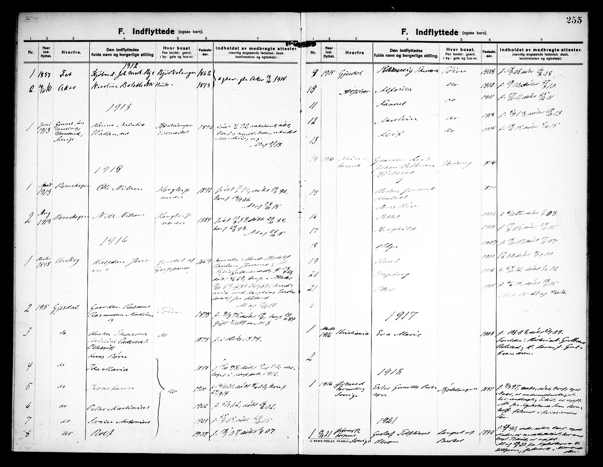 Høland prestekontor Kirkebøker, SAO/A-10346a/F/Fa/L0016: Parish register (official) no. I 16, 1912-1921, p. 255