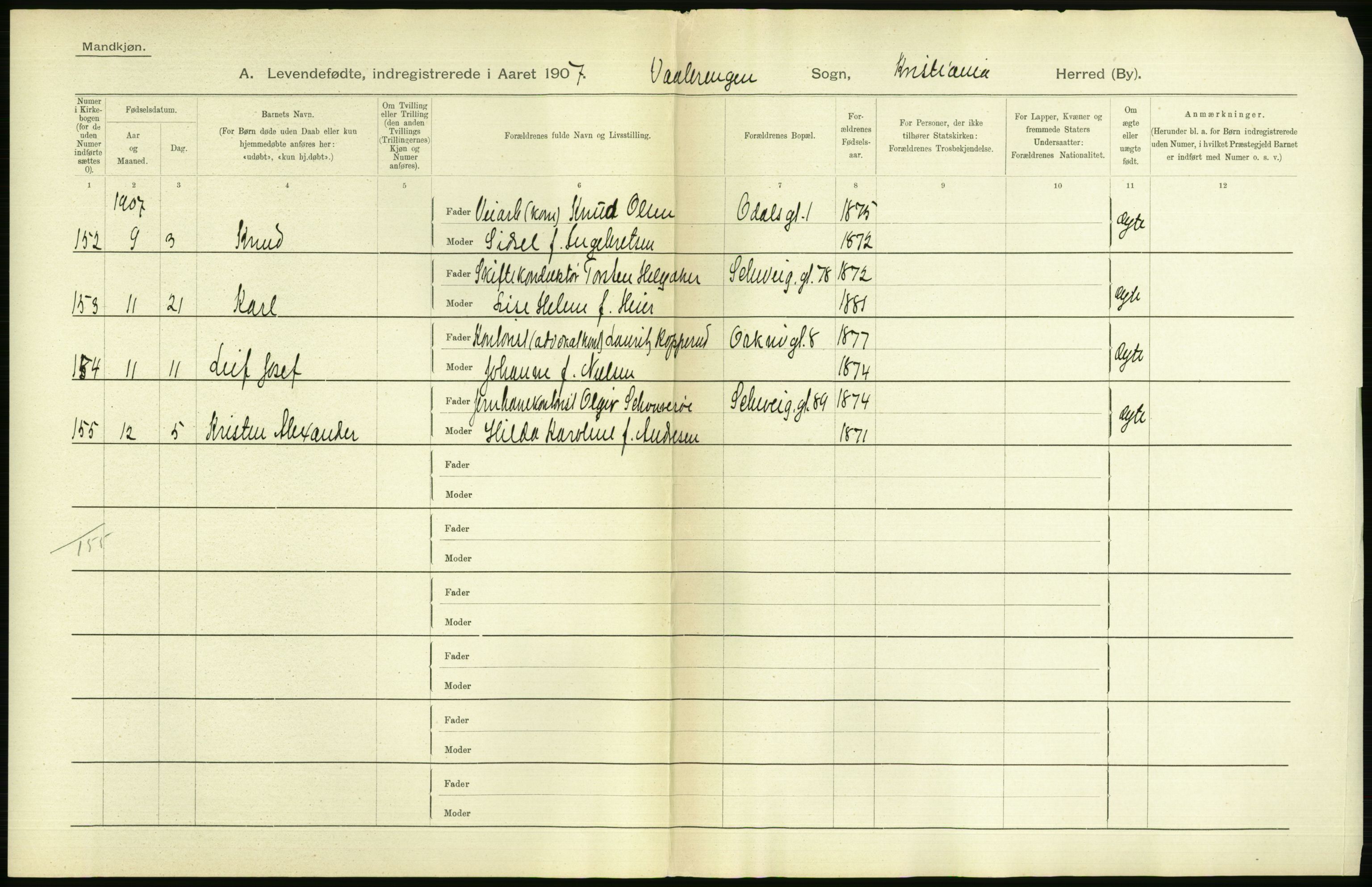 Statistisk sentralbyrå, Sosiodemografiske emner, Befolkning, AV/RA-S-2228/D/Df/Dfa/Dfae/L0007: Kristiania: Levendefødte menn og kvinner., 1907, p. 582