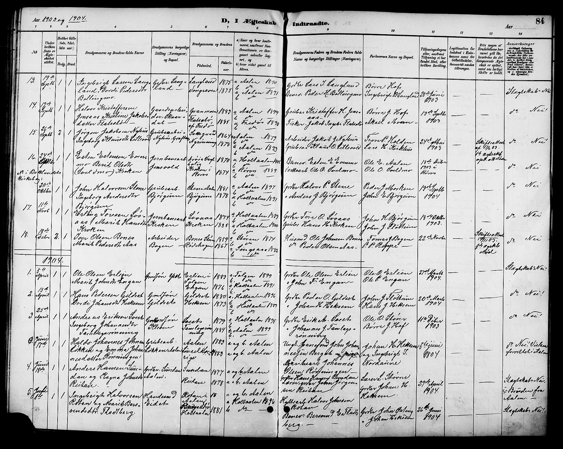 Ministerialprotokoller, klokkerbøker og fødselsregistre - Sør-Trøndelag, SAT/A-1456/685/L0978: Parish register (copy) no. 685C03, 1891-1907, p. 84