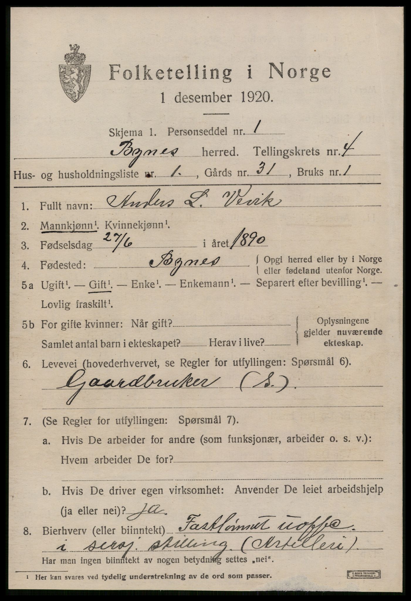 SAT, 1920 census for Byneset, 1920, p. 2078