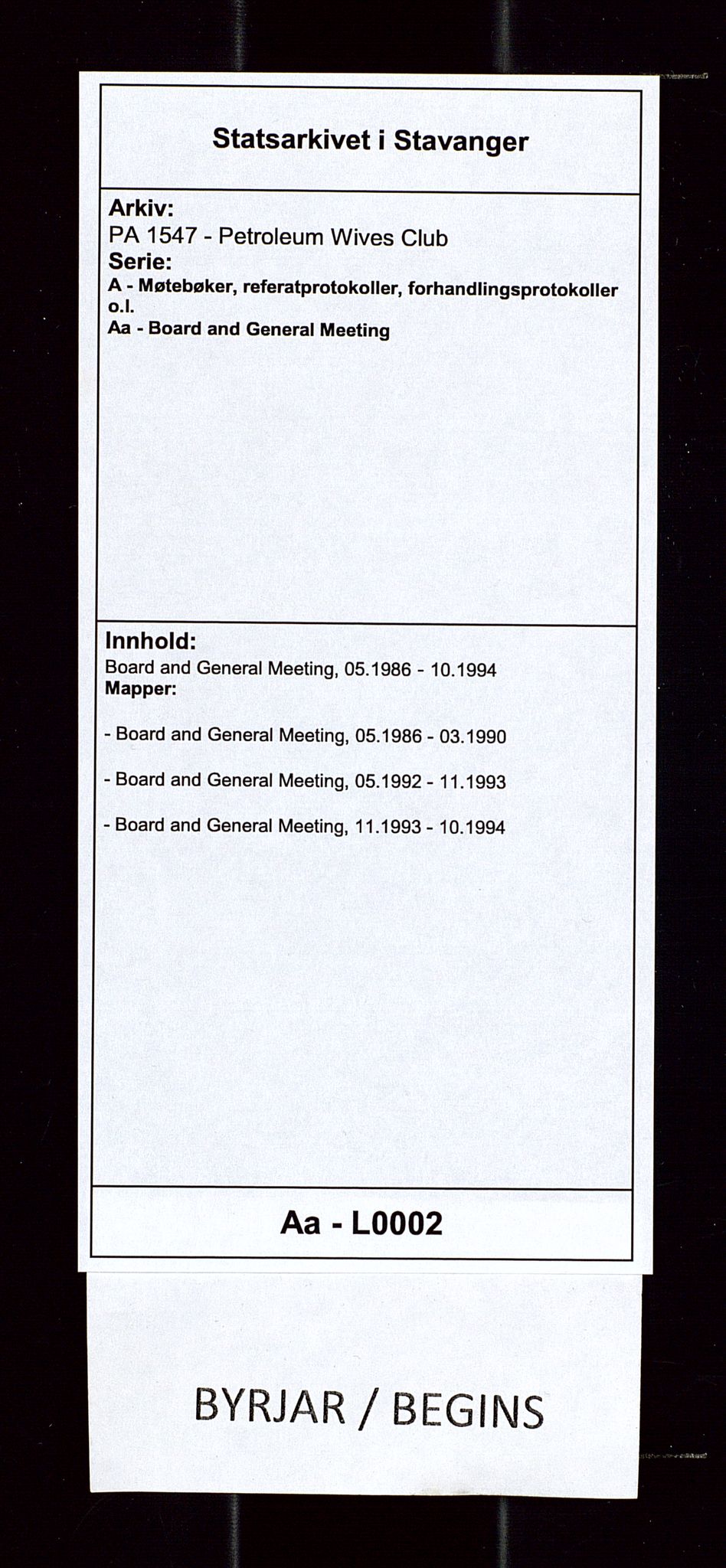 PA 1547 - Petroleum Wives Club, SAST/A-101974/A/Aa/L0002: Board and General Meeting, 1986-1994