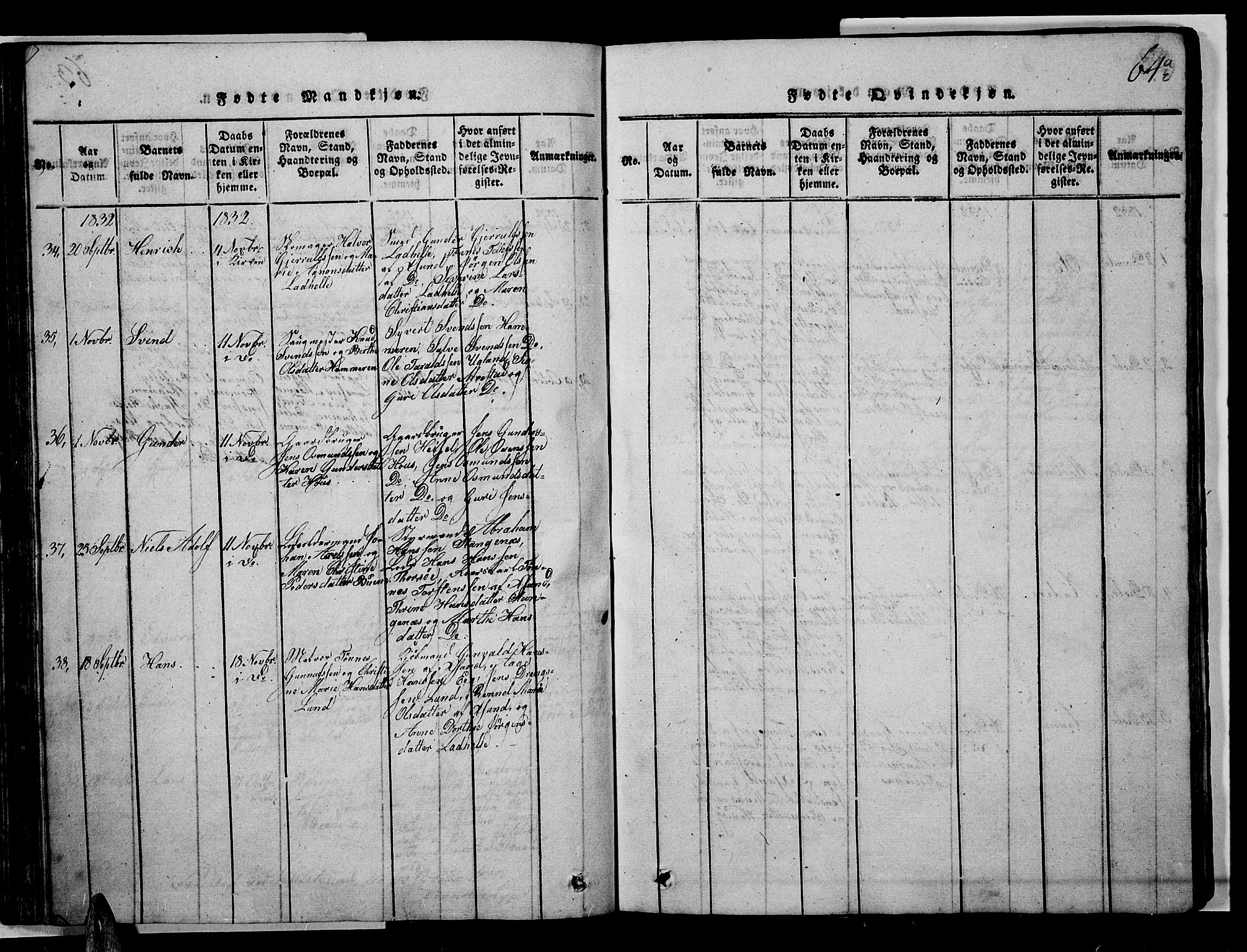 Oddernes sokneprestkontor, AV/SAK-1111-0033/F/Fb/Fba/L0003: Parish register (copy) no. B 3, 1820-1838, p. 64