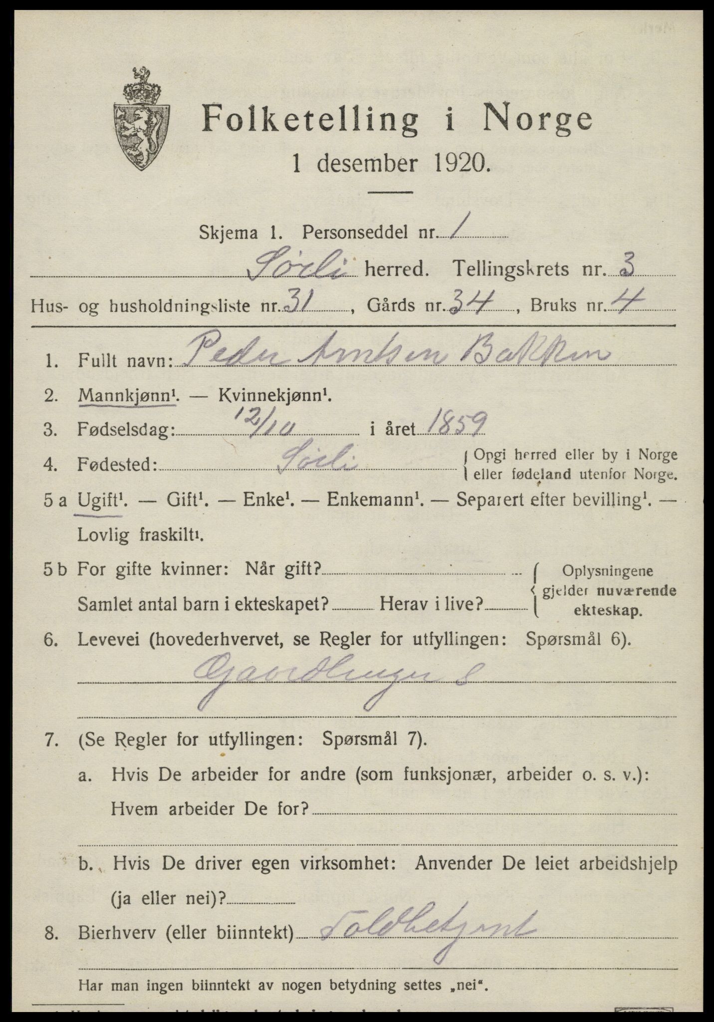 SAT, 1920 census for Sørli, 1920, p. 1427