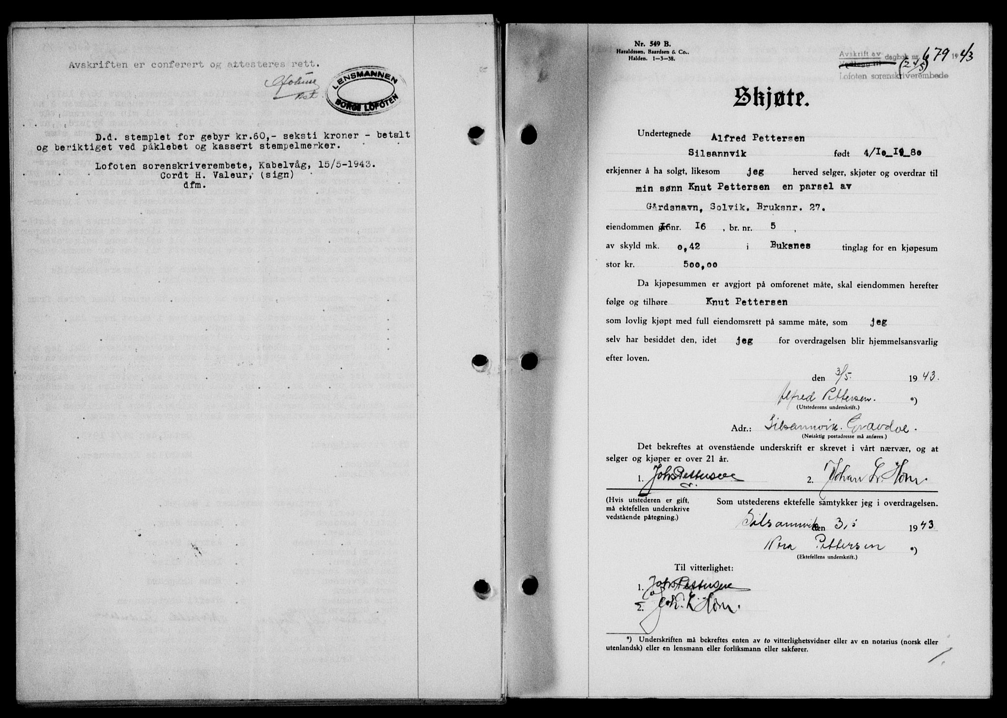 Lofoten sorenskriveri, SAT/A-0017/1/2/2C/L0011a: Mortgage book no. 11a, 1943-1943, Diary no: : 679/1943