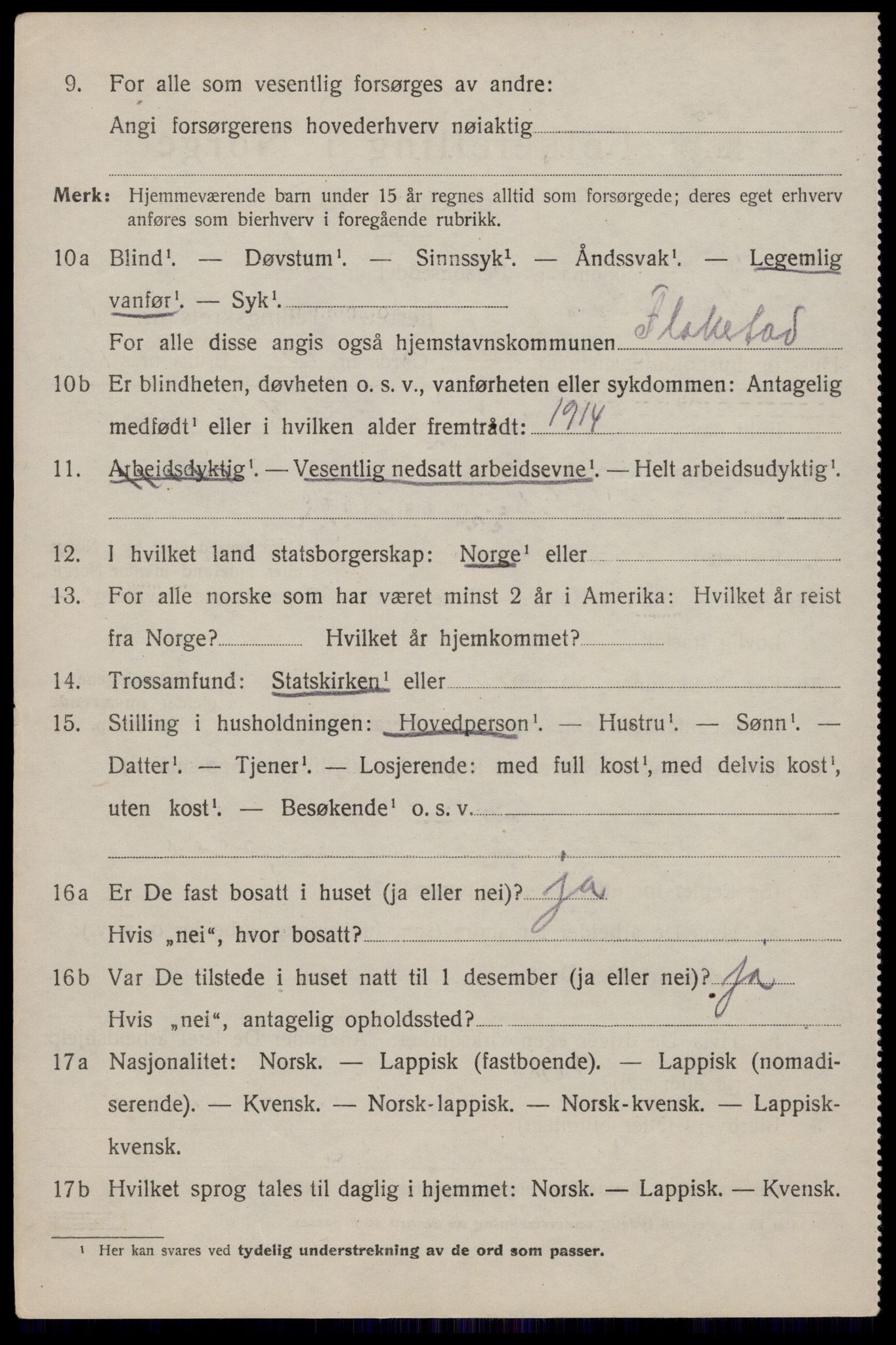 SAT, 1920 census for Flakstad, 1920, p. 1040