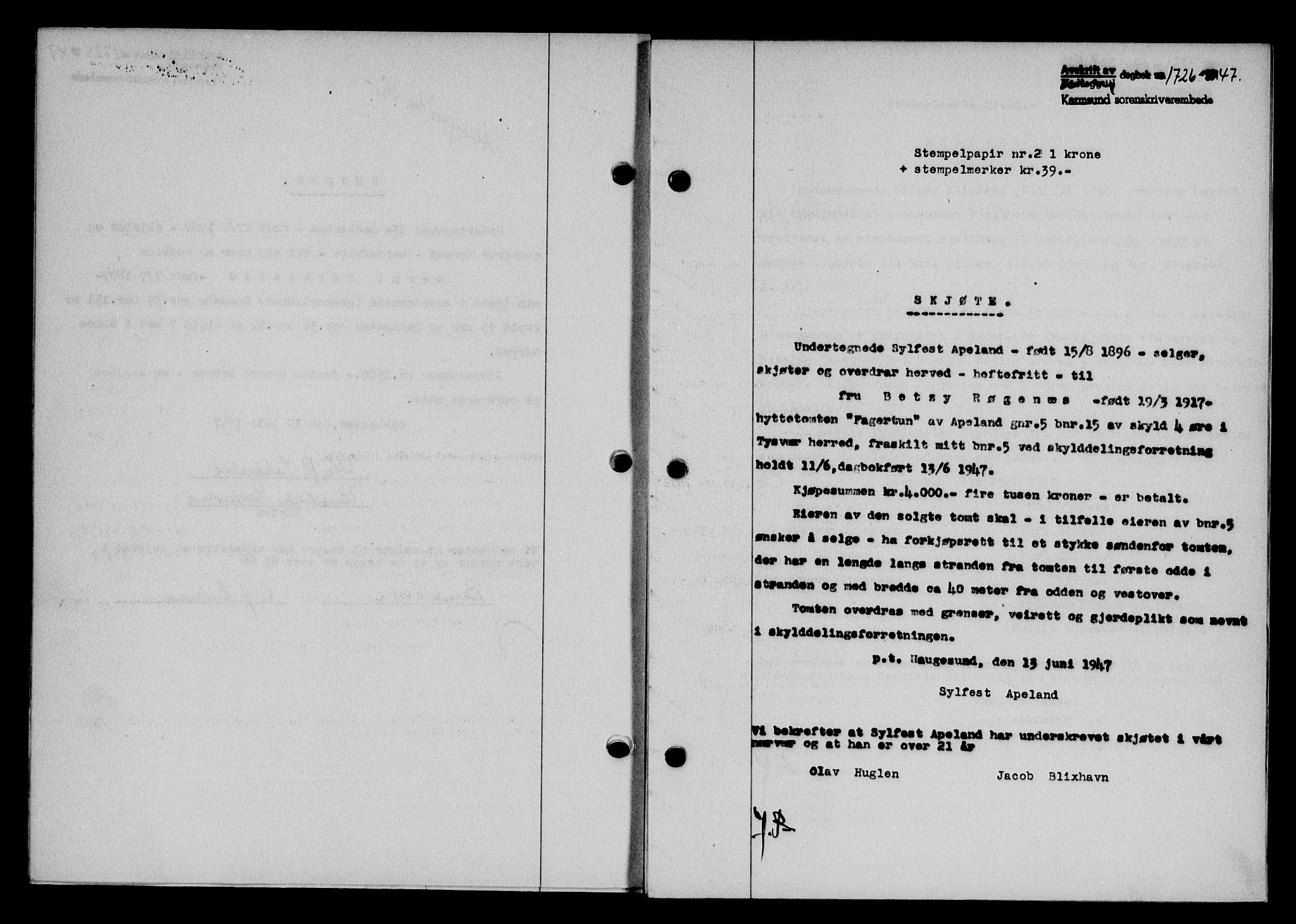 Karmsund sorenskriveri, SAST/A-100311/01/II/IIB/L0090: Mortgage book no. 70A, 1947-1947, Diary no: : 1726/1947