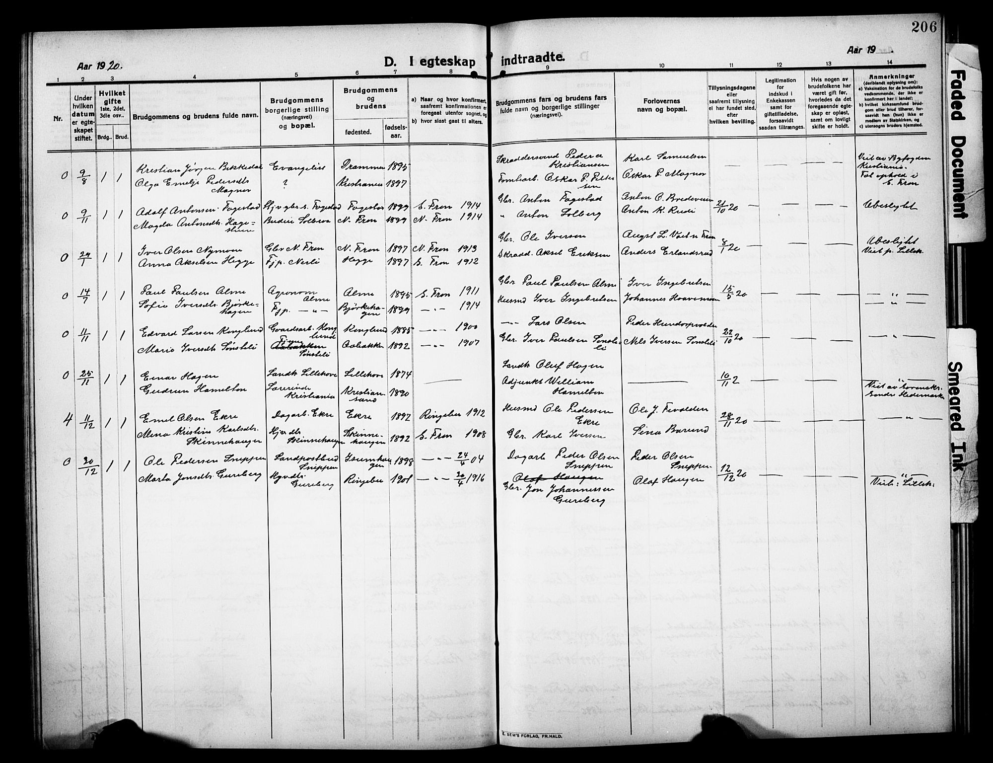 Sør-Fron prestekontor, SAH/PREST-010/H/Ha/Hab/L0005: Parish register (copy) no. 5, 1912-1930, p. 206