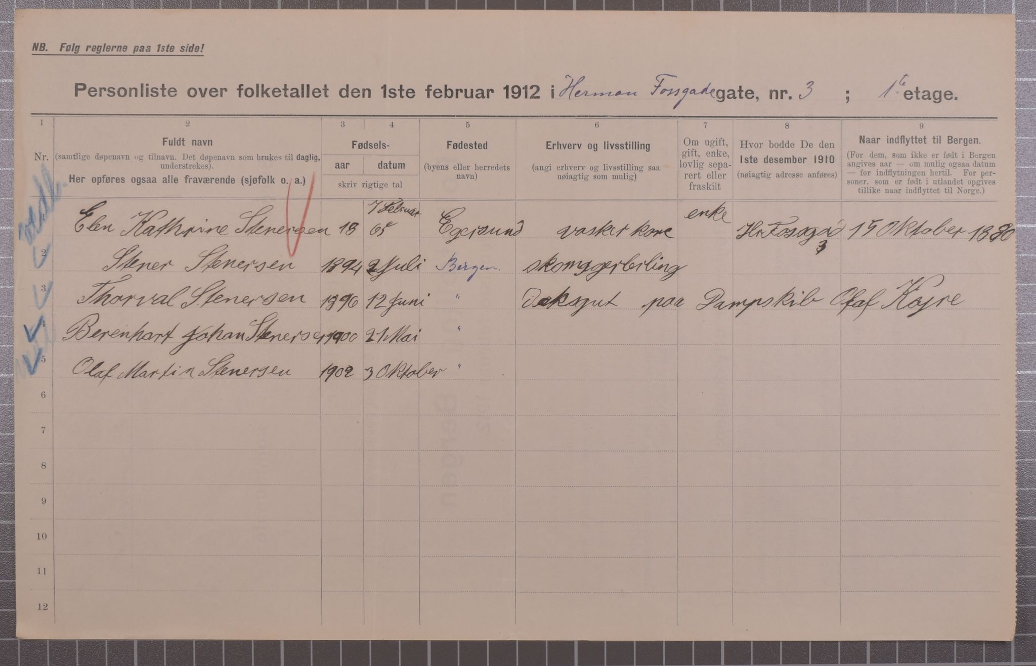 SAB, Municipal Census 1912 for Bergen, 1912, p. 2923