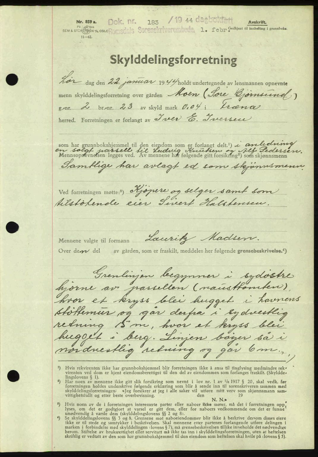 Romsdal sorenskriveri, AV/SAT-A-4149/1/2/2C: Mortgage book no. A15, 1943-1944, Diary no: : 183/1944