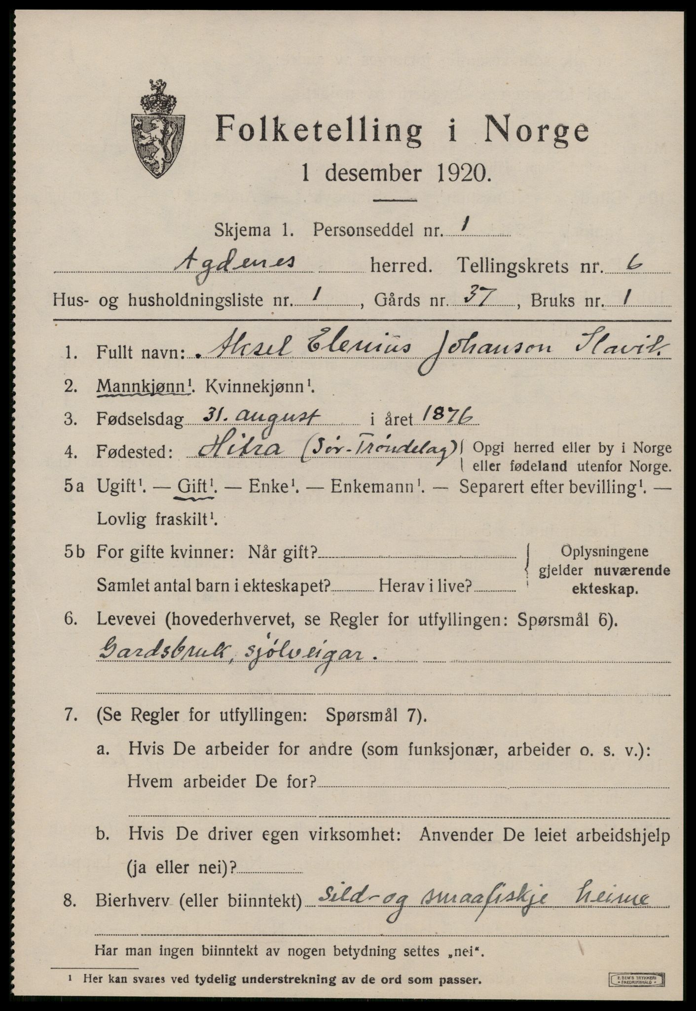 SAT, 1920 census for Agdenes, 1920, p. 2467