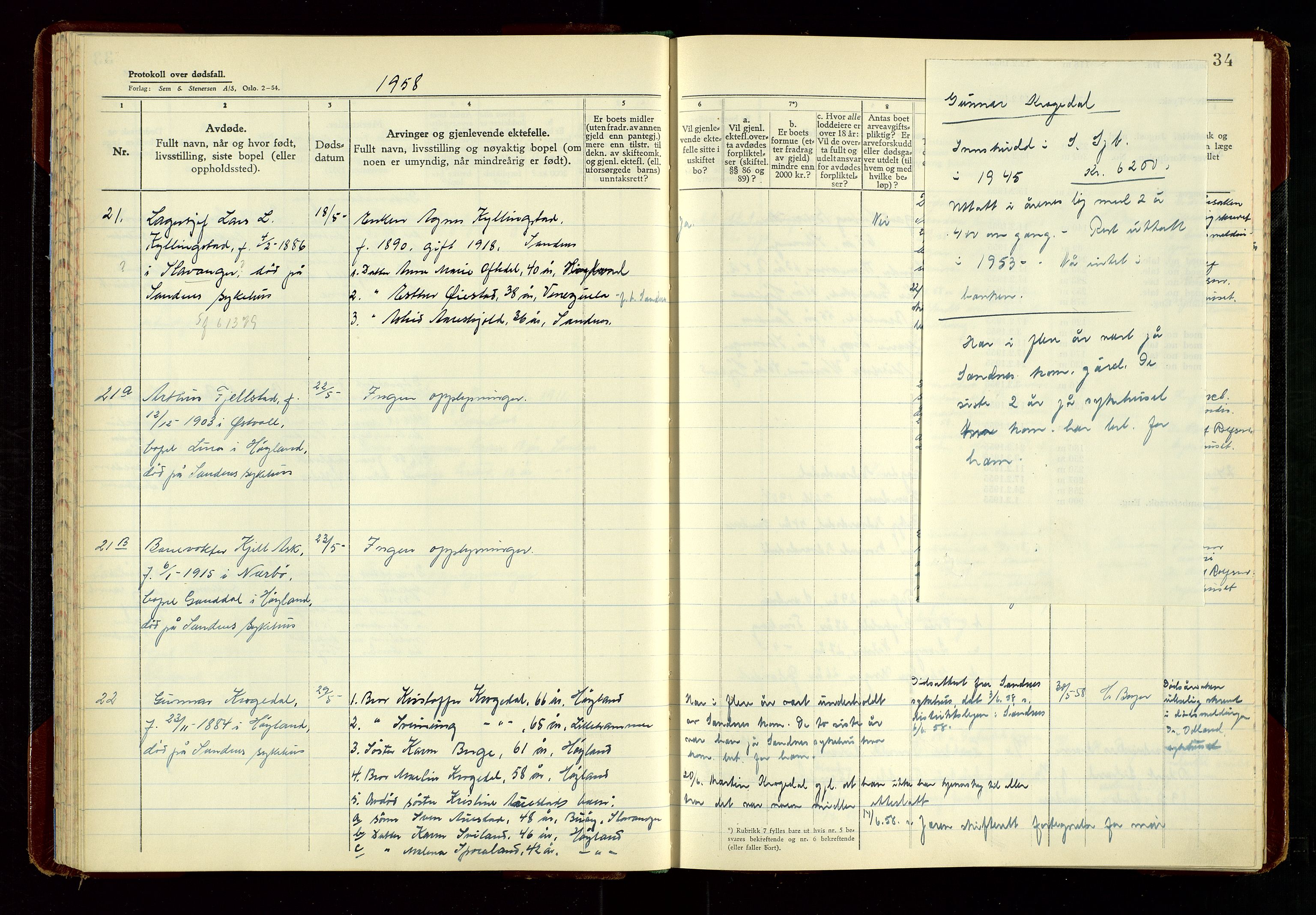 Høyland/Sandnes lensmannskontor, SAST/A-100166/Gga/L0011: "Protkokoll over anmeldte dødsfall i Sandnes lensmandsdistrikt" m/alfabetisk navneregister, 1956-1964, p. 34