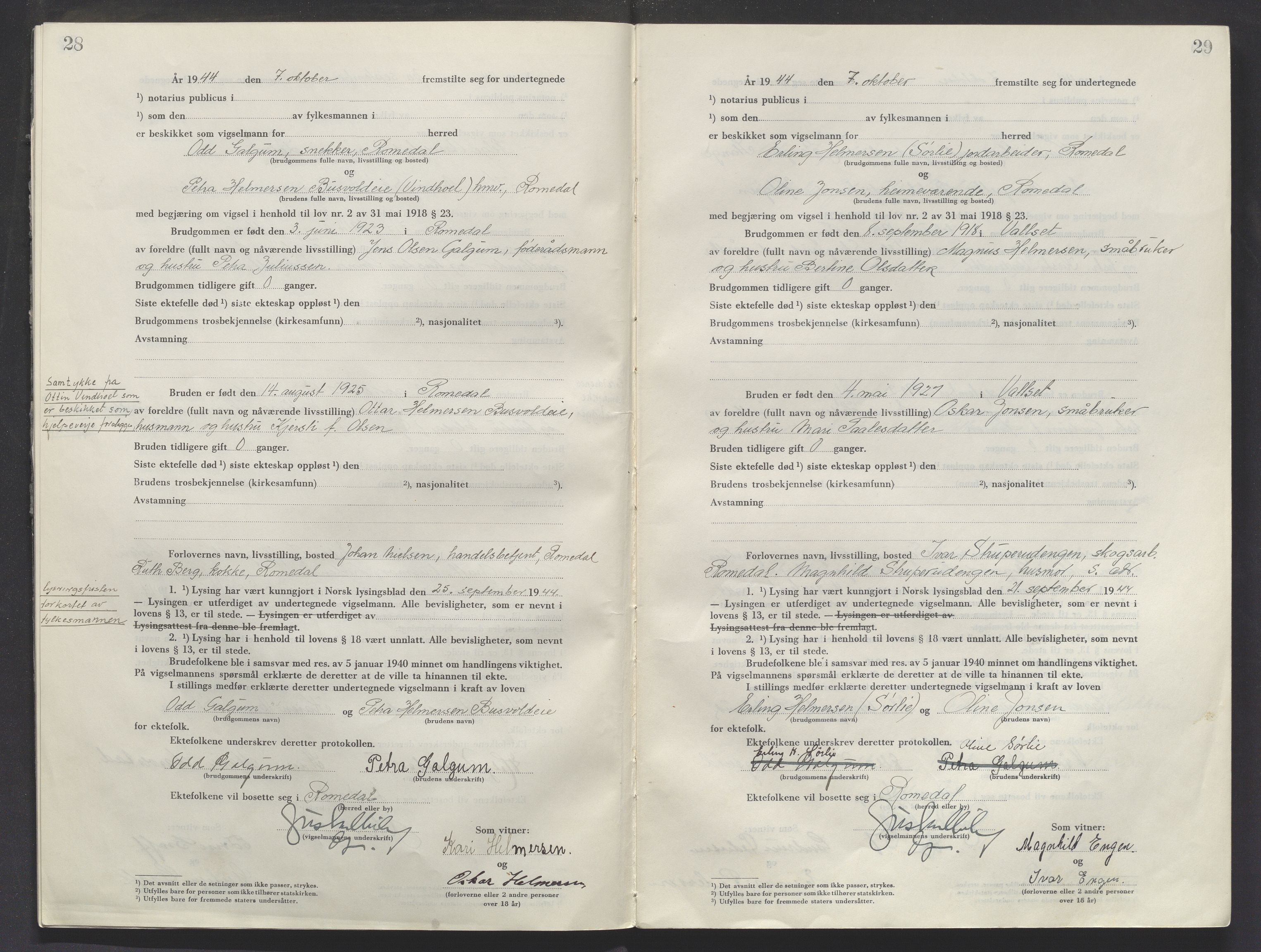 Sør-Hedmark sorenskriveri, AV/SAH-TING-014/L/Le/L0002/0001: Vigselsbøker / Vigselbok, 1944-1945, p. 28-29